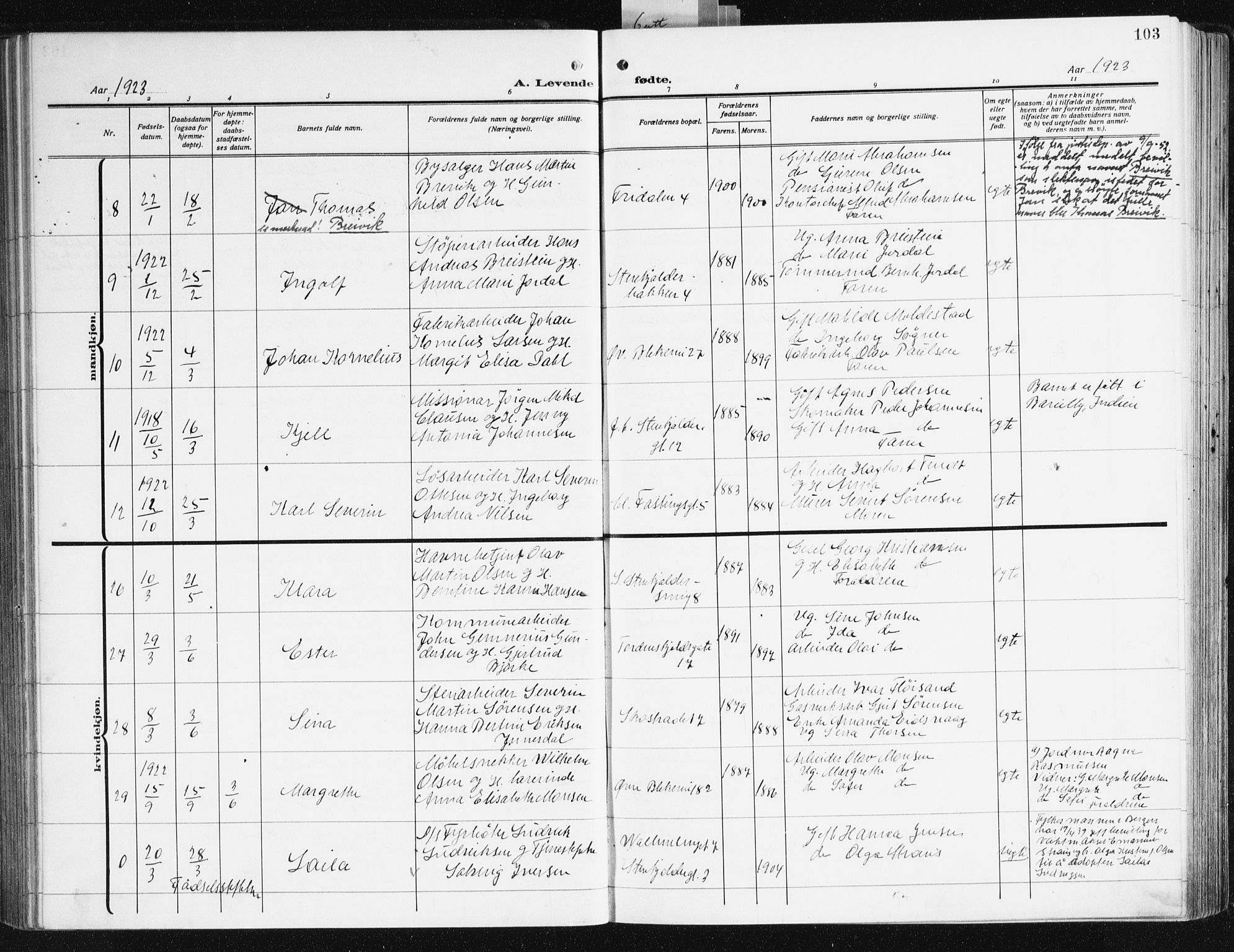 Korskirken sokneprestembete, AV/SAB-A-76101/H/Hab: Klokkerbok nr. B 12, 1917-1942, s. 103