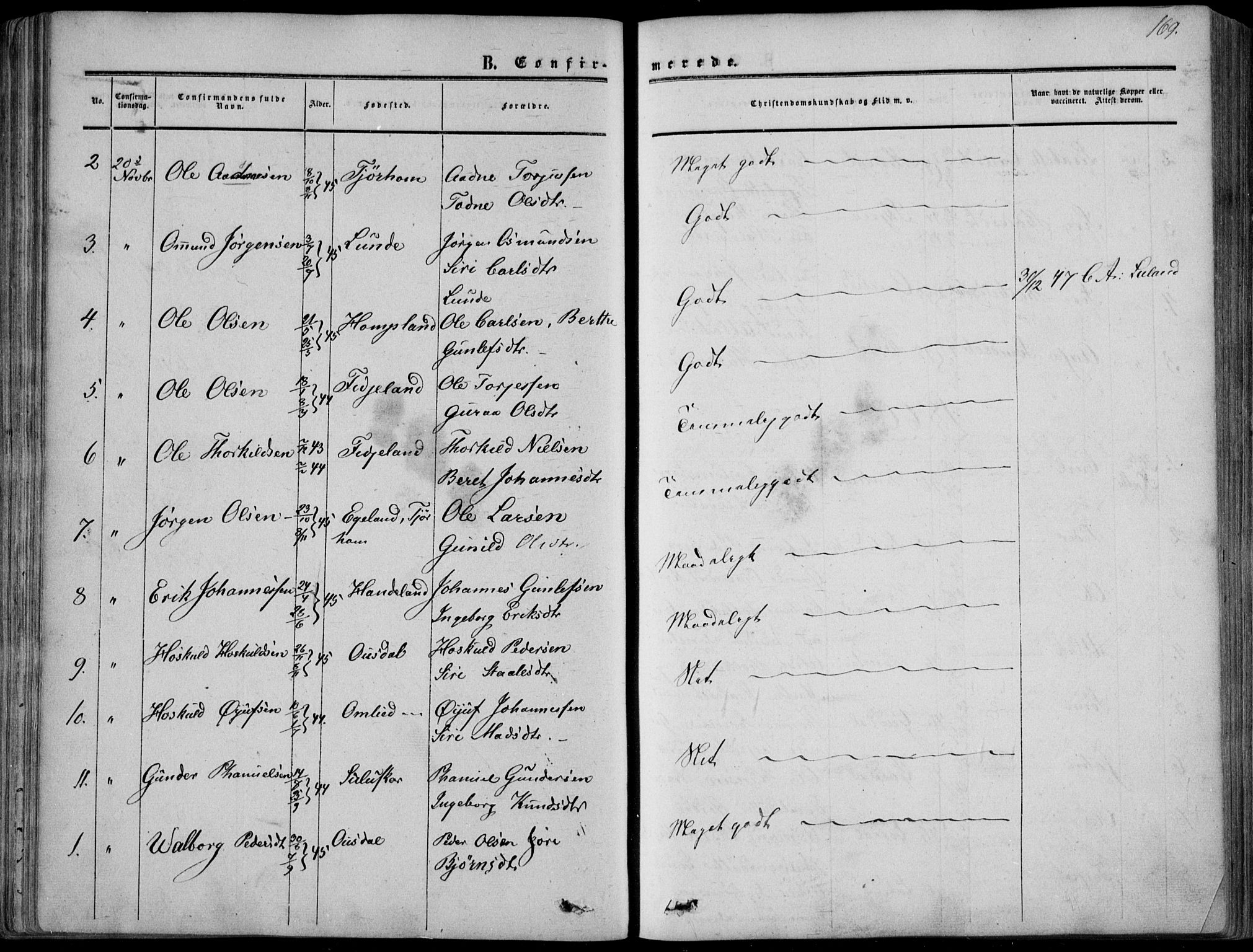 Sirdal sokneprestkontor, AV/SAK-1111-0036/F/Fa/Fab/L0002: Ministerialbok nr. A 2, 1855-1874, s. 169