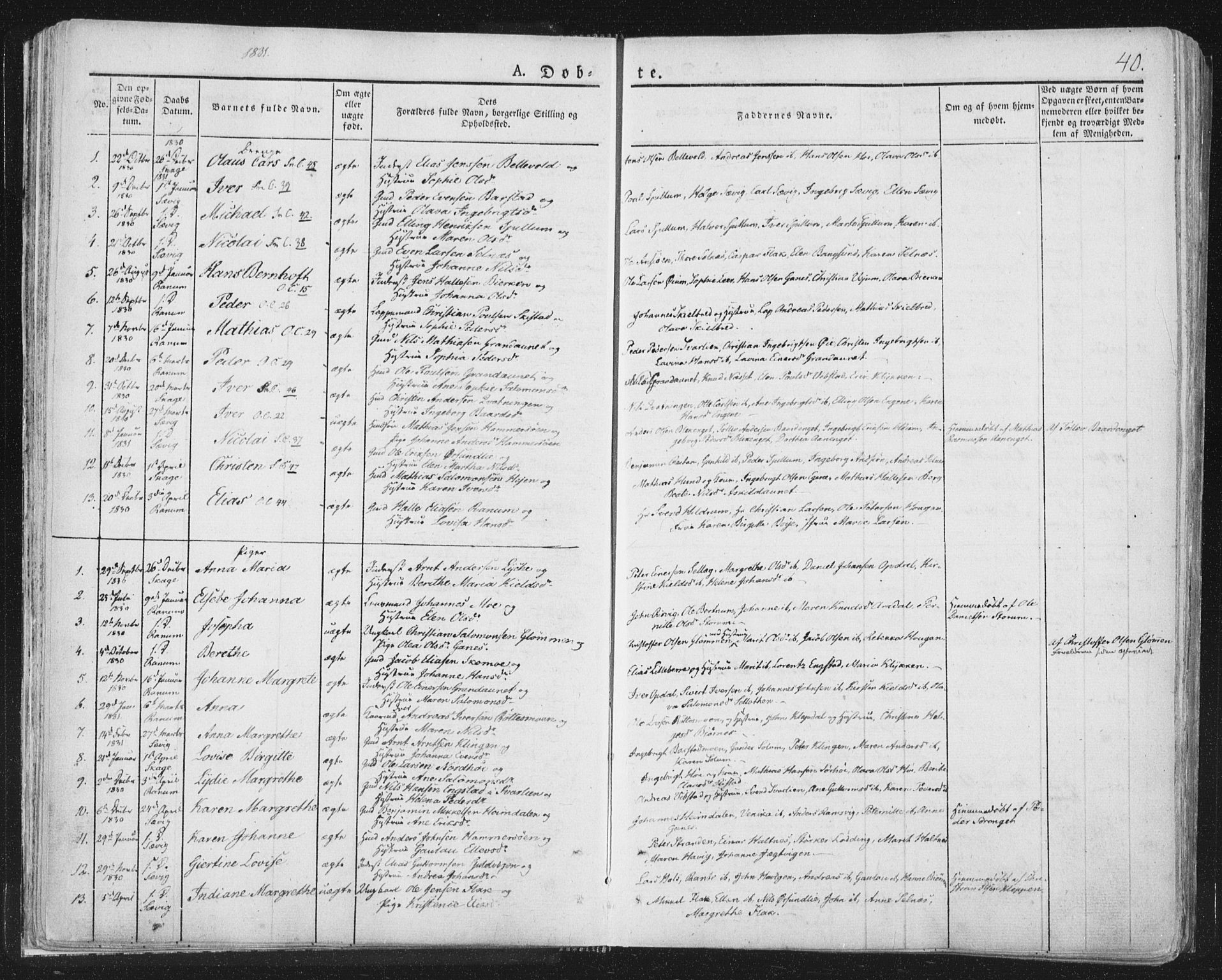 Ministerialprotokoller, klokkerbøker og fødselsregistre - Nord-Trøndelag, SAT/A-1458/764/L0551: Ministerialbok nr. 764A07a, 1824-1864, s. 40