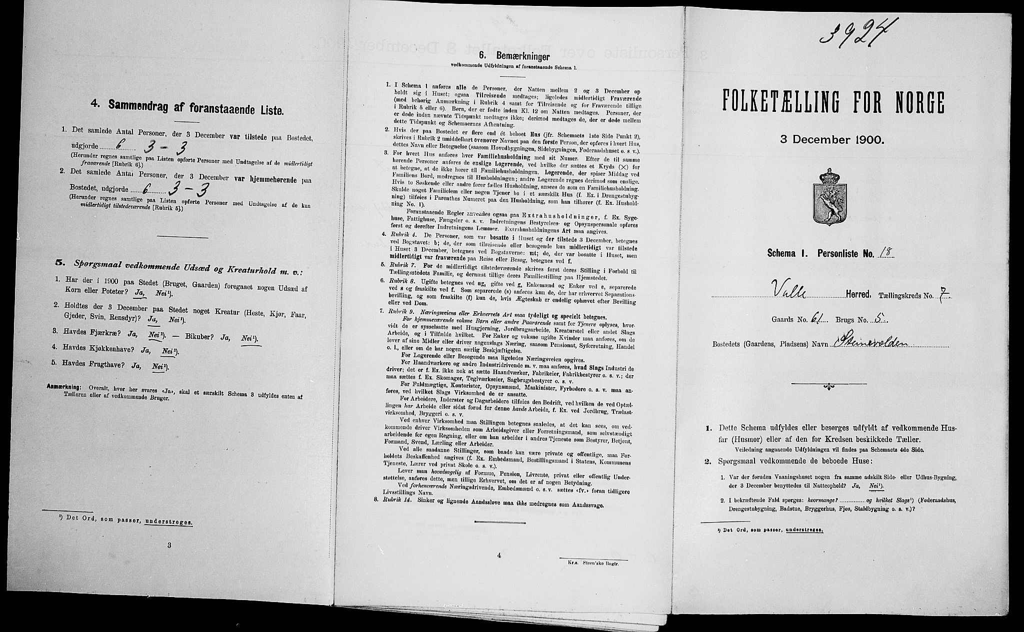 SAK, Folketelling 1900 for 0940 Valle herred, 1900, s. 620