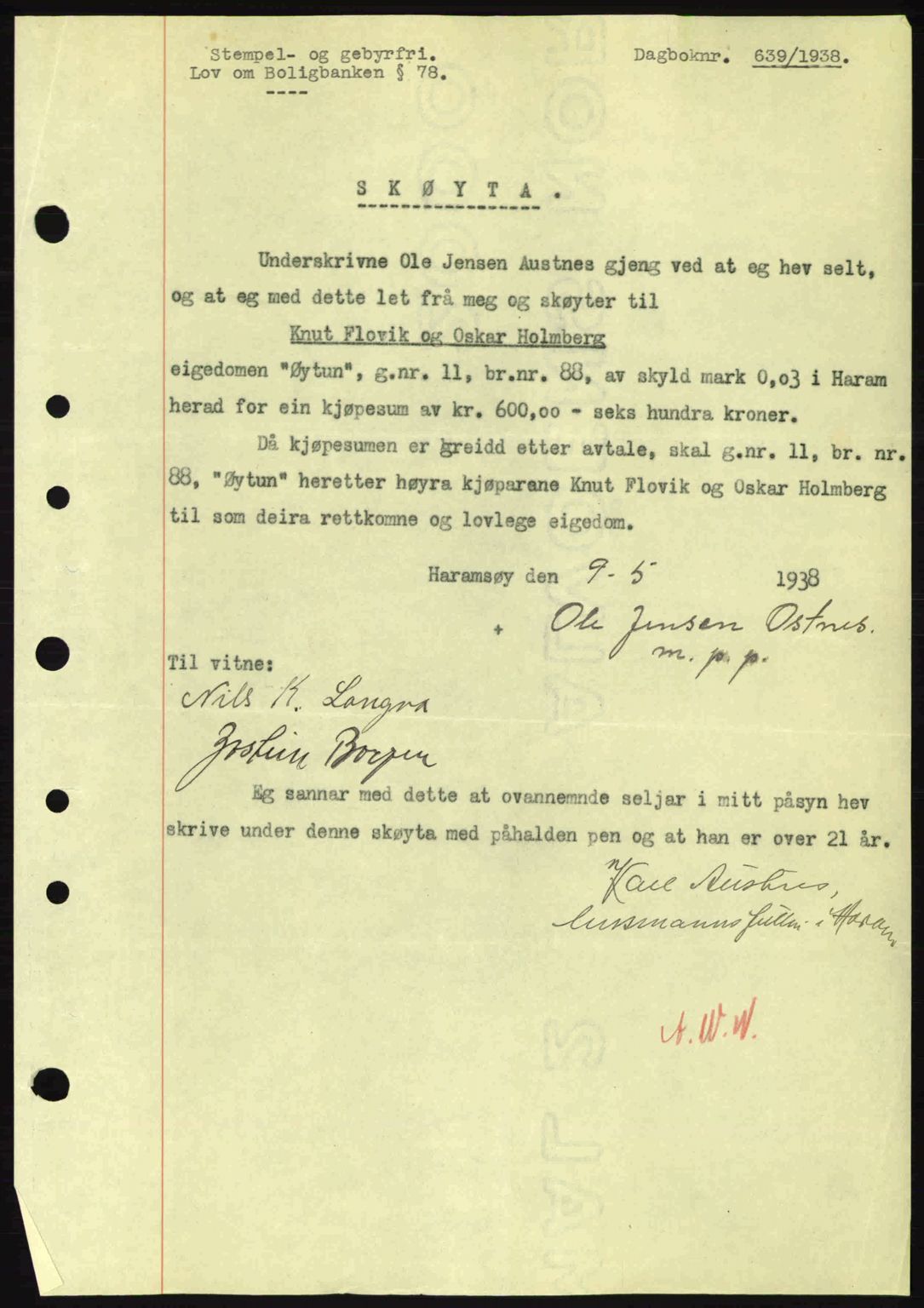 Nordre Sunnmøre sorenskriveri, AV/SAT-A-0006/1/2/2C/2Ca: Pantebok nr. A4, 1937-1938, Dagboknr: 639/1938