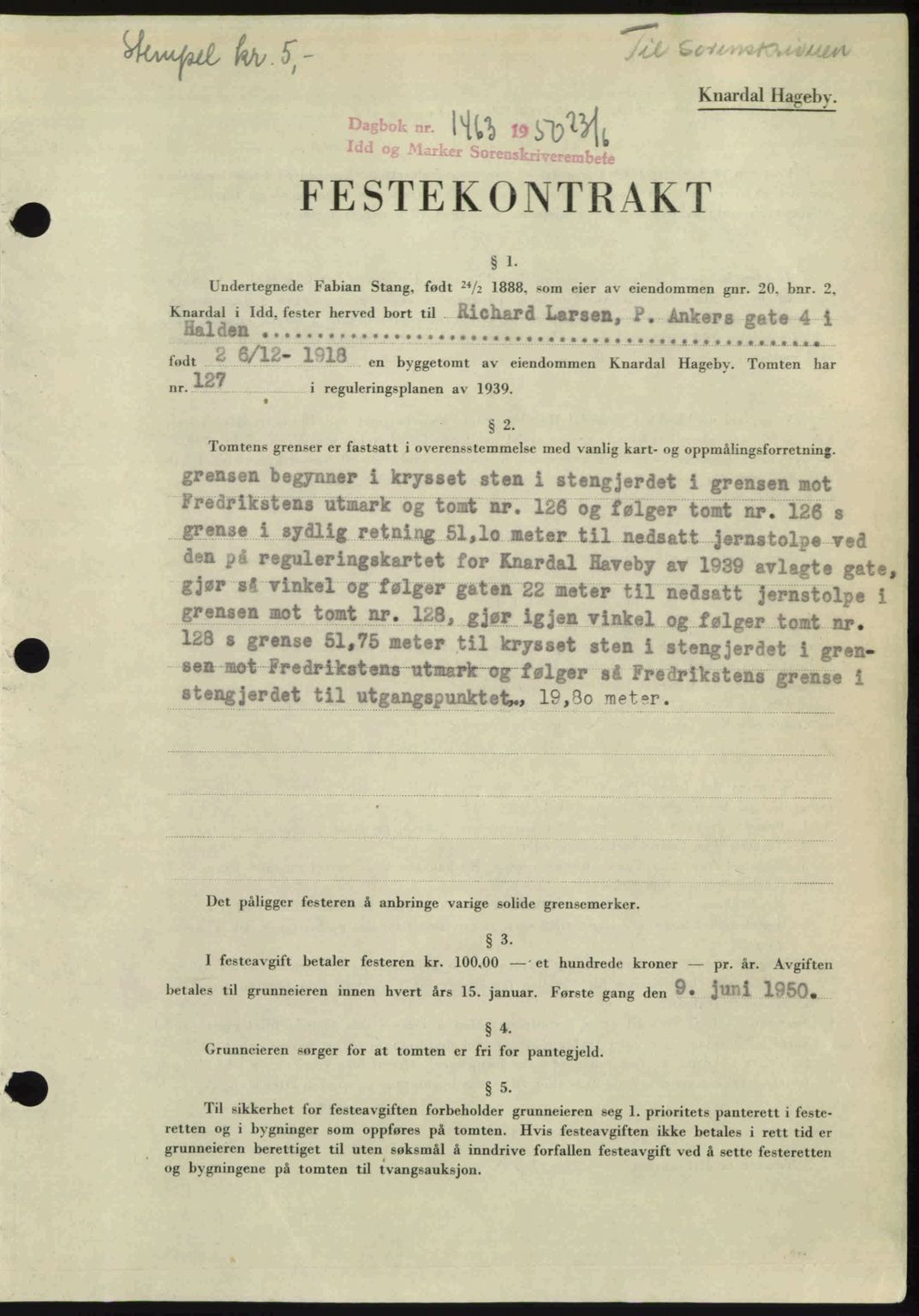 Idd og Marker sorenskriveri, AV/SAO-A-10283/G/Gb/Gbb/L0014: Pantebok nr. A14, 1950-1950, Dagboknr: 1463/1950