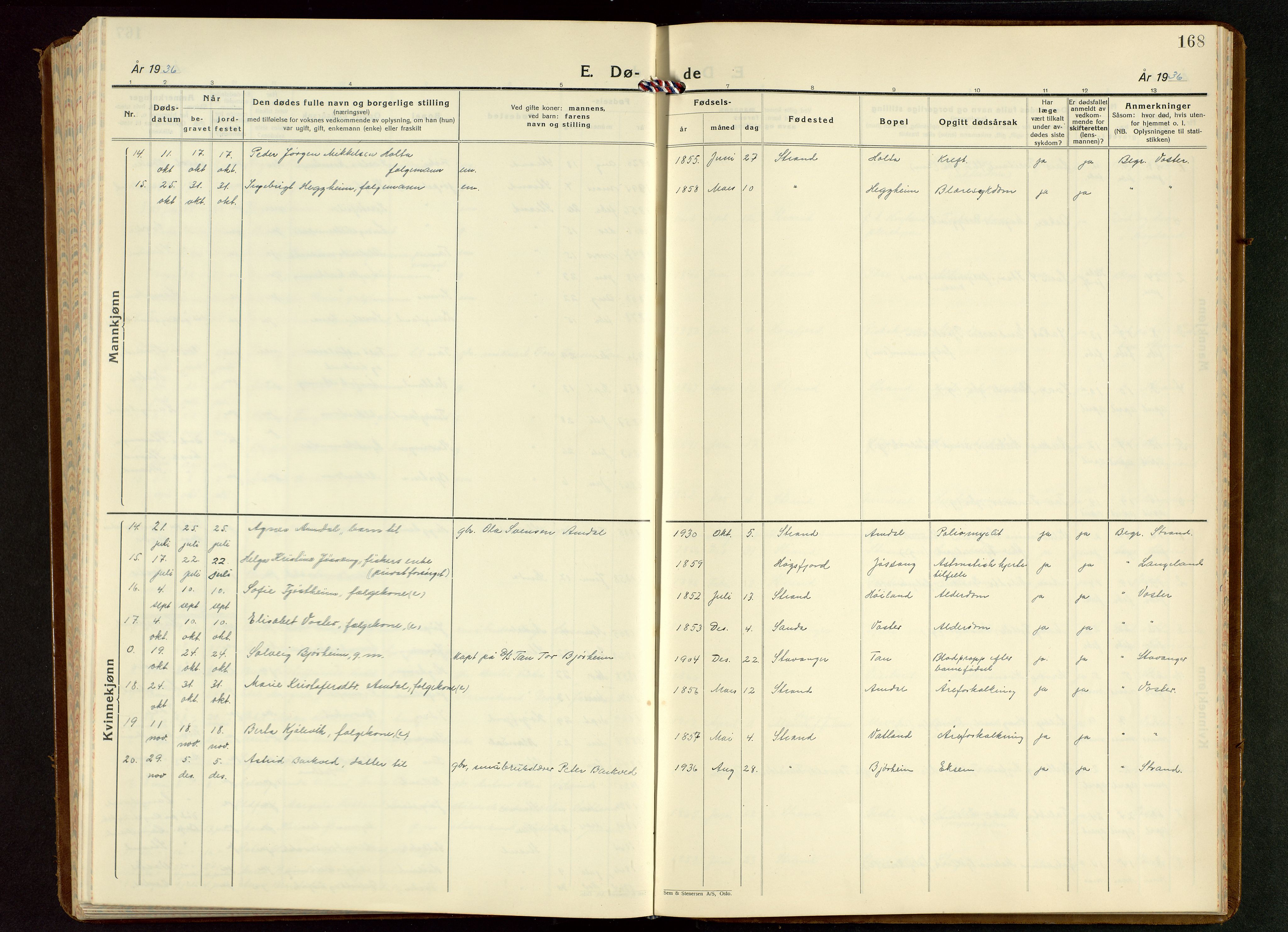 Strand sokneprestkontor, AV/SAST-A-101828/H/Ha/Hab/L0006: Klokkerbok nr. B 6, 1933-1950, s. 168