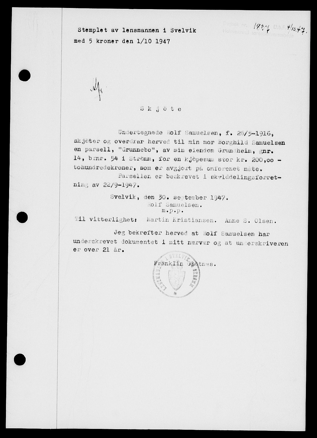Holmestrand sorenskriveri, SAKO/A-67/G/Ga/Gaa/L0062: Pantebok nr. A-62, 1947-1947, Dagboknr: 1837/1947