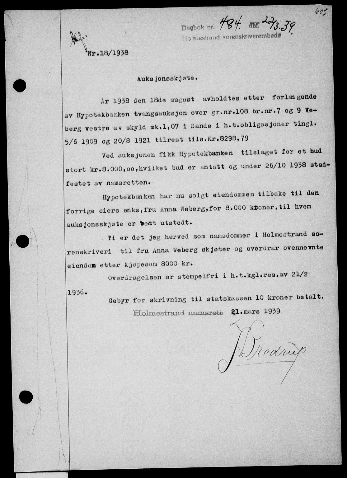 Holmestrand sorenskriveri, SAKO/A-67/G/Ga/Gaa/L0050: Pantebok nr. A-50, 1938-1939, Dagboknr: 484/1939