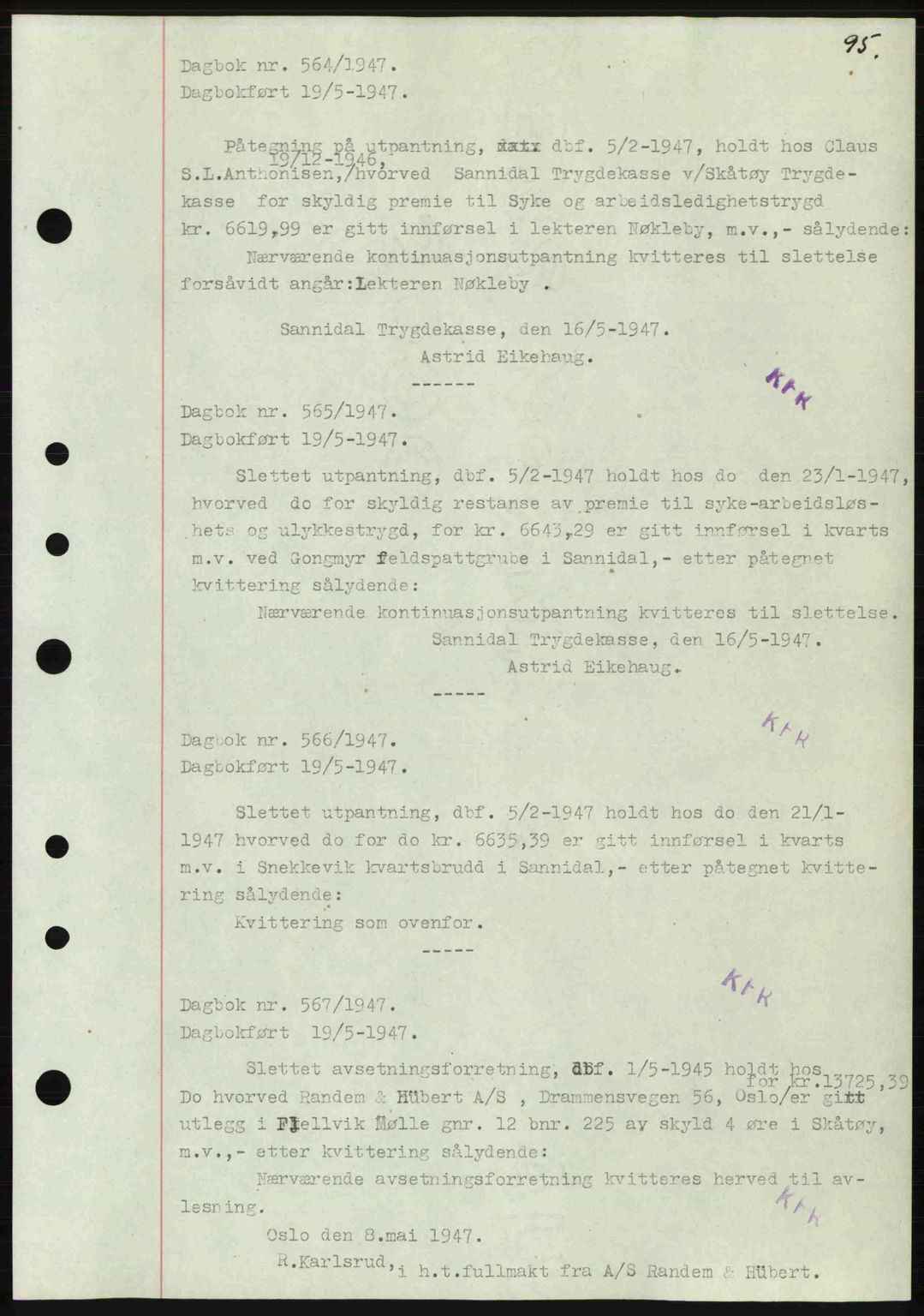 Kragerø sorenskriveri, SAKO/A-65/G/Ga/Gab/L0061: Pantebok nr. A-61, 1947-1947, Dagboknr: 564/1947