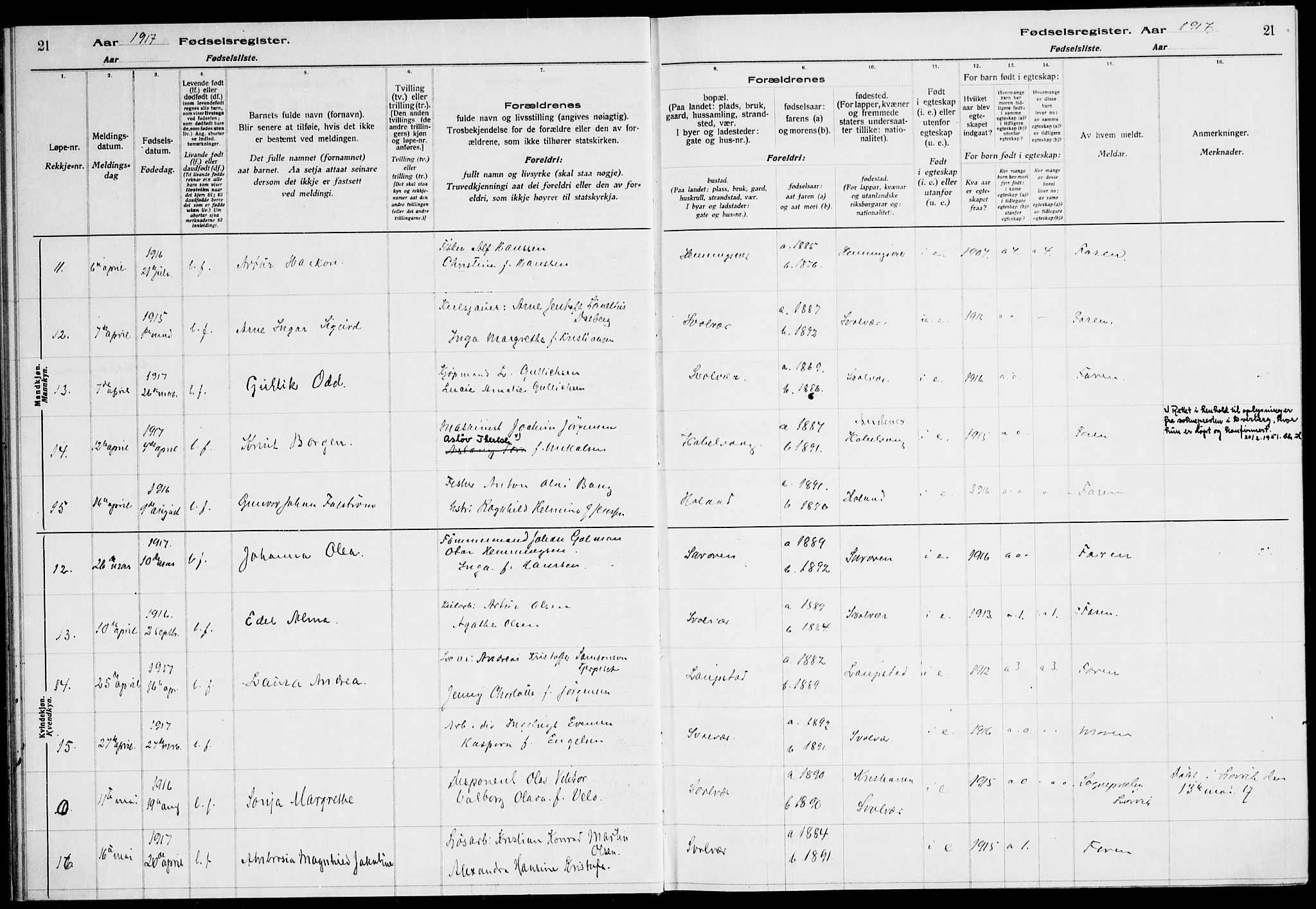 Ministerialprotokoller, klokkerbøker og fødselsregistre - Nordland, AV/SAT-A-1459/874/L1089: Fødselsregister nr. 874.II.4.1, 1916-1926, s. 21