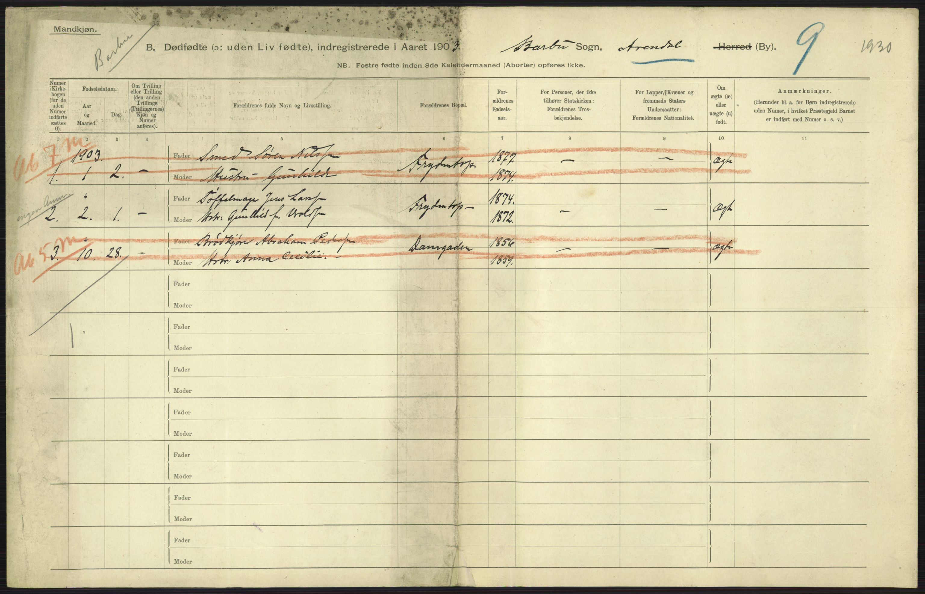 Statistisk sentralbyrå, Sosiodemografiske emner, Befolkning, RA/S-2228/D/Df/Dfa/Dfaa/L0026: Smålenenes - Finnmarkens amt: Dødfødte. Byer., 1903, s. 197