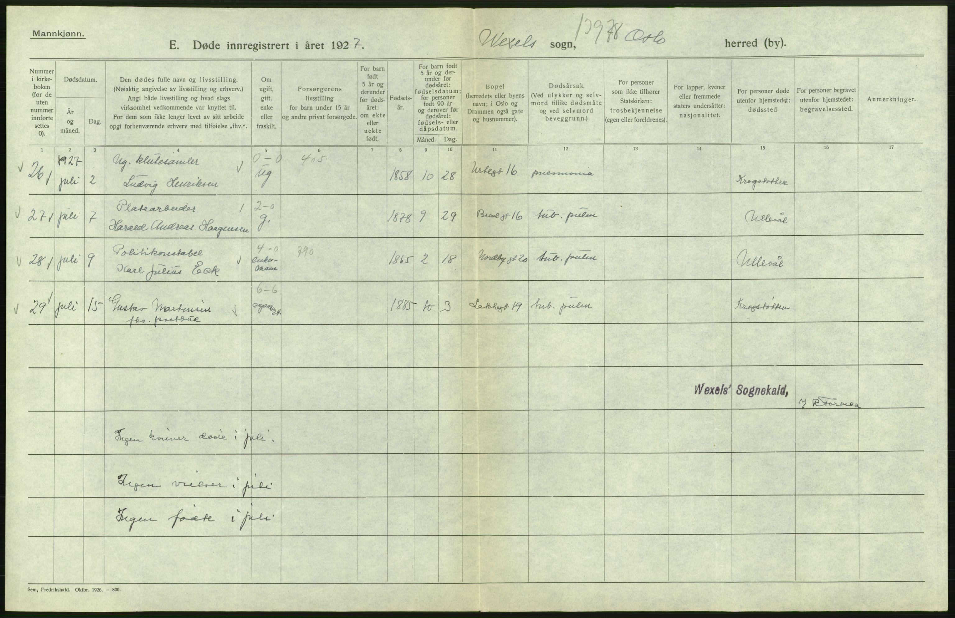 Statistisk sentralbyrå, Sosiodemografiske emner, Befolkning, AV/RA-S-2228/D/Df/Dfc/Dfcg/L0009: Oslo: Døde menn, 1927, s. 456