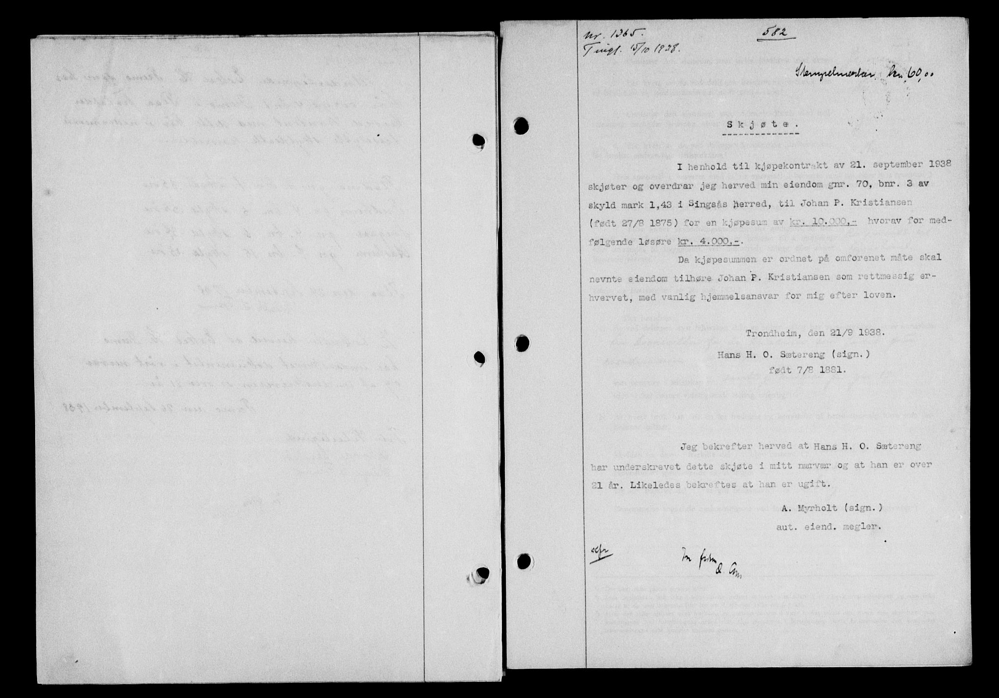 Gauldal sorenskriveri, SAT/A-0014/1/2/2C/L0049: Pantebok nr. 53, 1938-1938, Dagboknr: 1365/1938