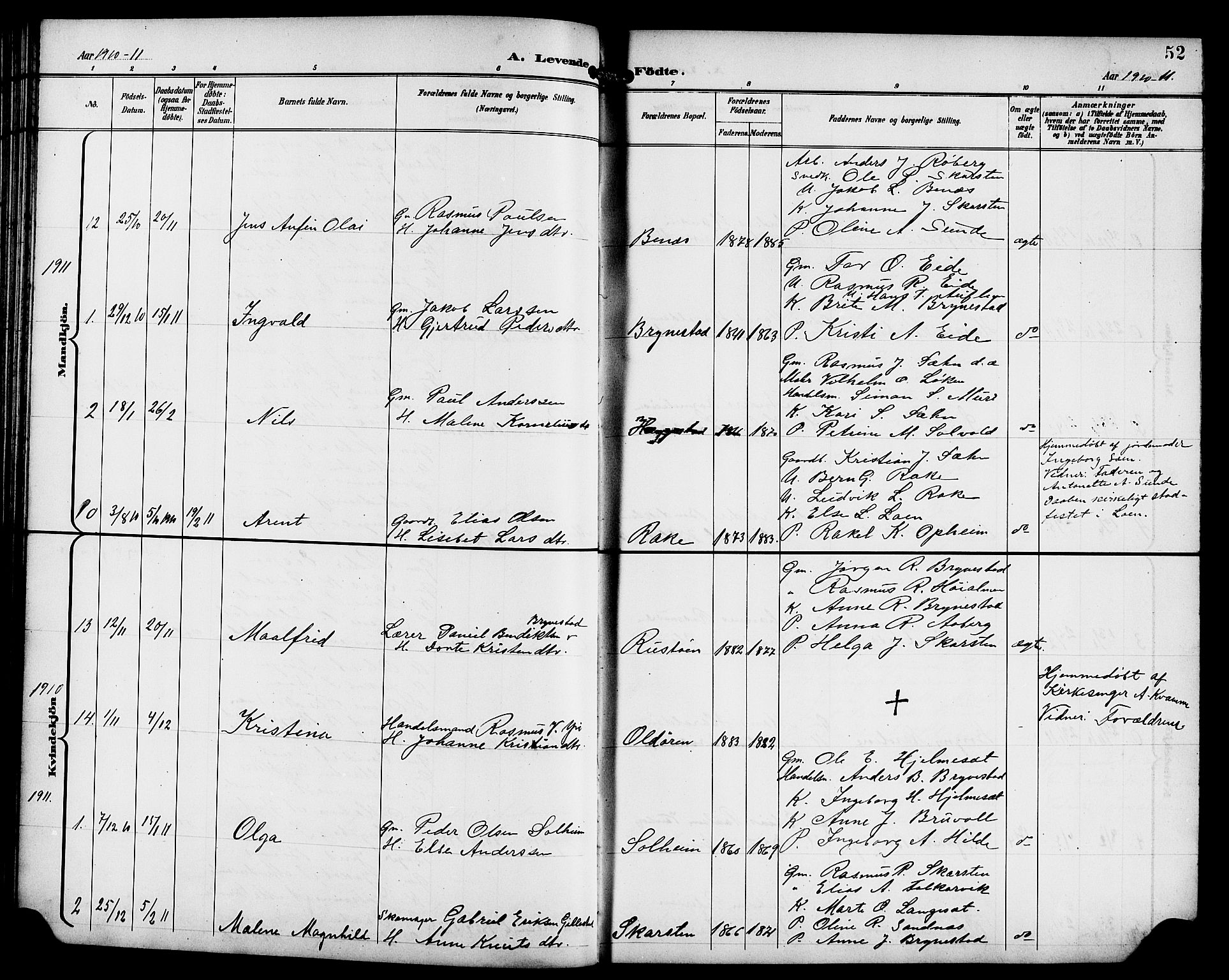 Innvik sokneprestembete, AV/SAB-A-80501: Klokkerbok nr. B 4, 1898-1916, s. 52