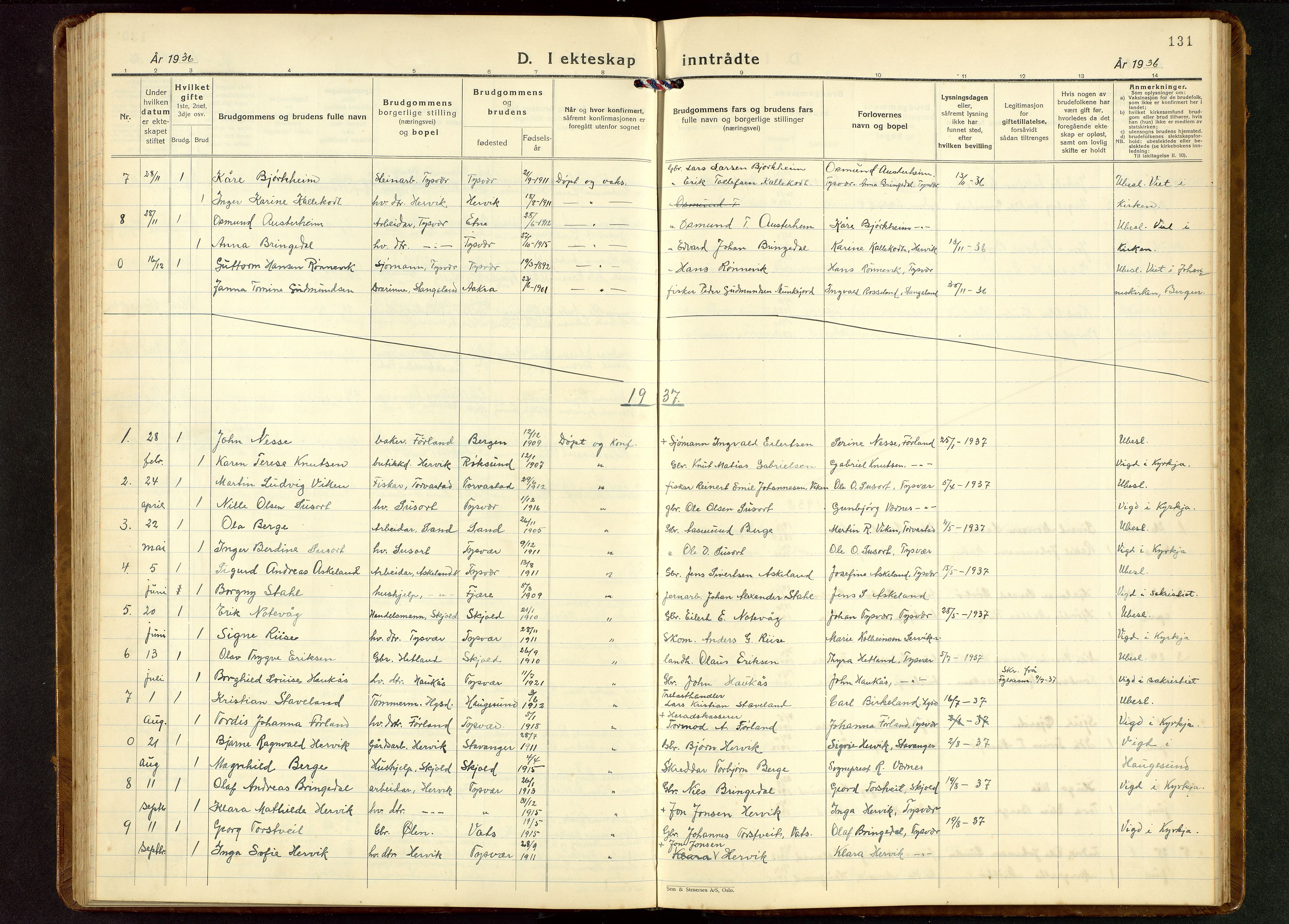 Tysvær sokneprestkontor, AV/SAST-A -101864/H/Ha/Hab/L0006: Klokkerbok nr. B 6, 1932-1946, s. 131