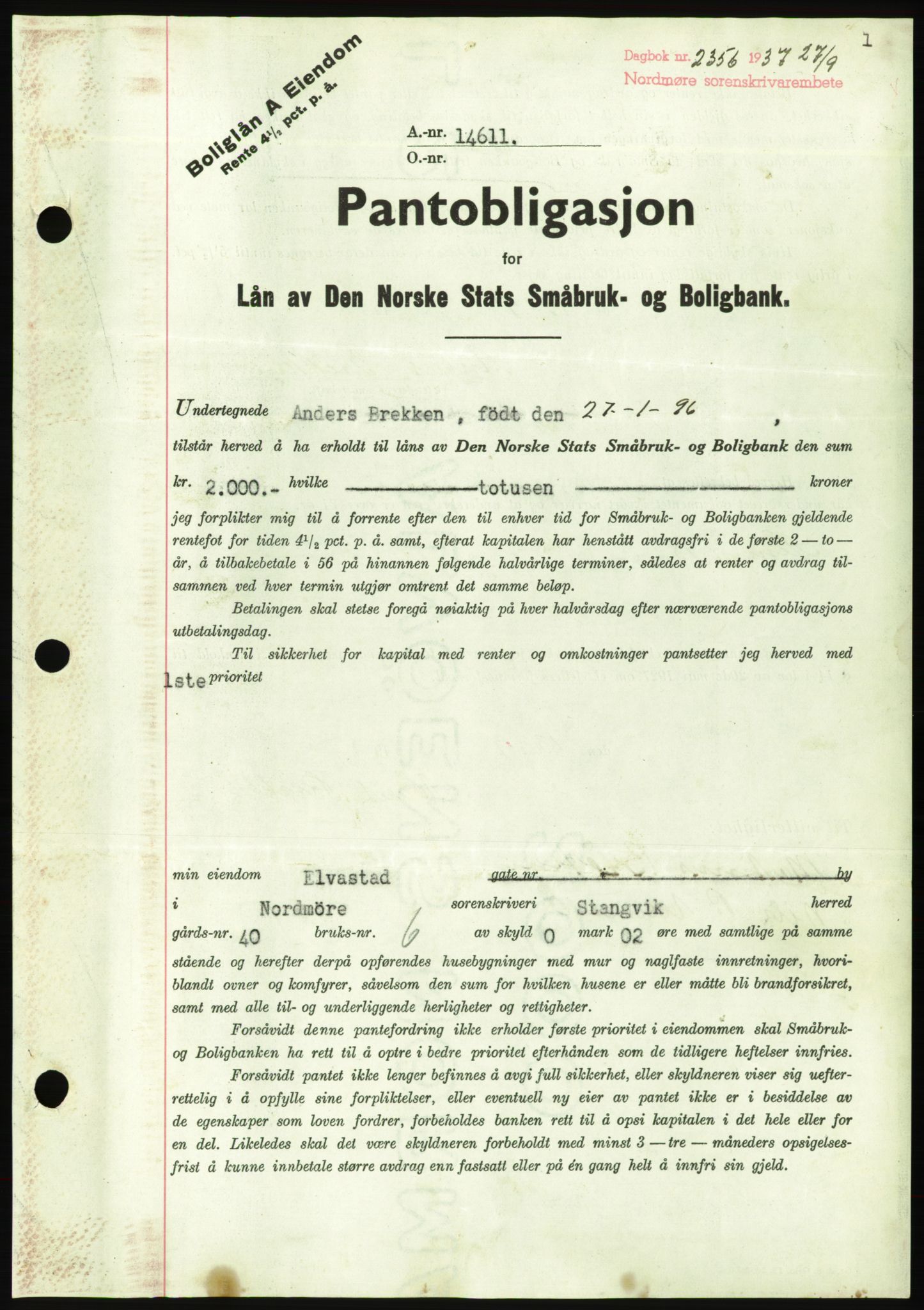 Nordmøre sorenskriveri, AV/SAT-A-4132/1/2/2Ca/L0092: Pantebok nr. B82, 1937-1938, Dagboknr: 2356/1937