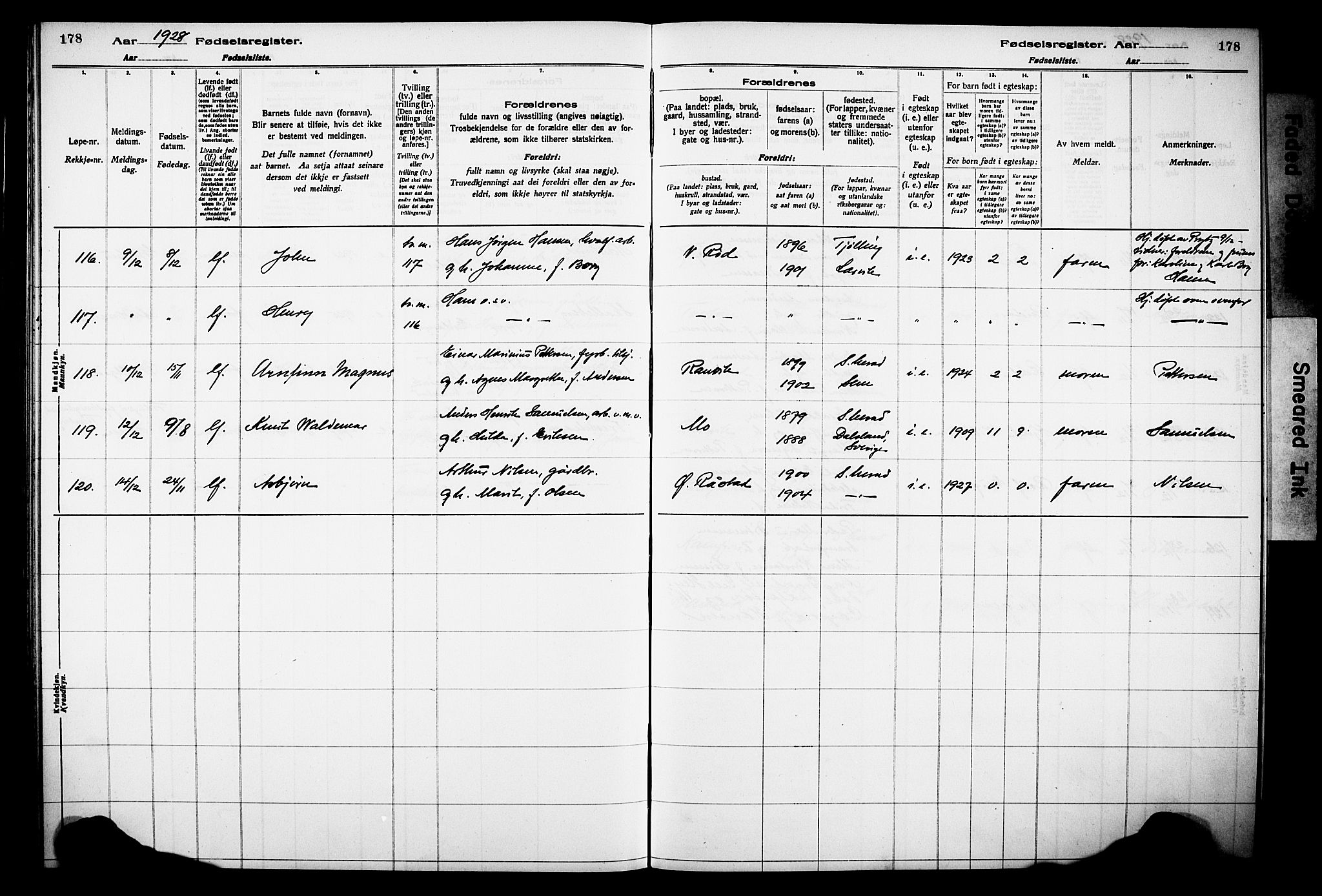 Sandar kirkebøker, AV/SAKO-A-243/J/Ja/L0002: Fødselsregister nr. 2, 1922-1929, s. 178