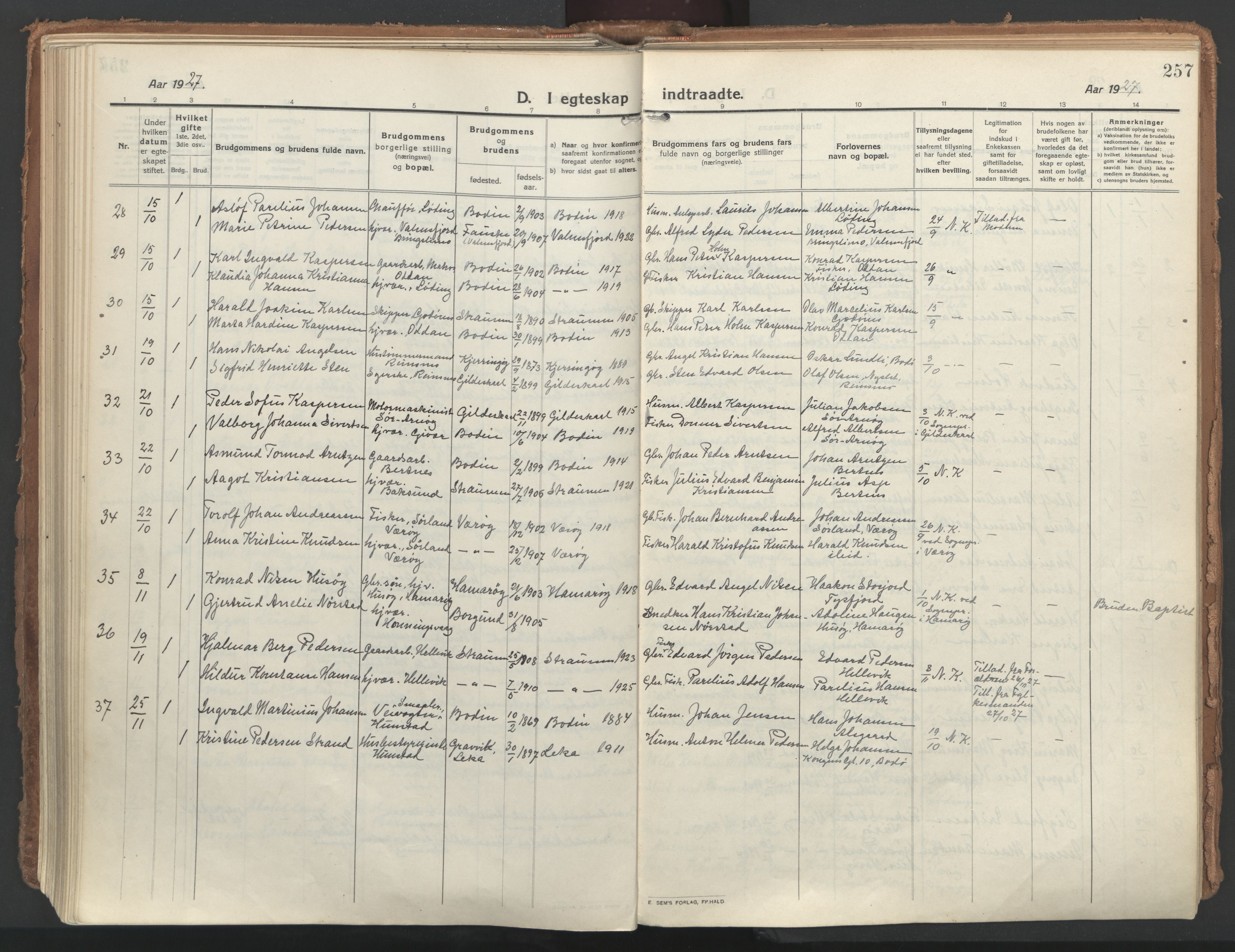 Ministerialprotokoller, klokkerbøker og fødselsregistre - Nordland, AV/SAT-A-1459/802/L0060: Ministerialbok nr. 802A07, 1916-1933, s. 257