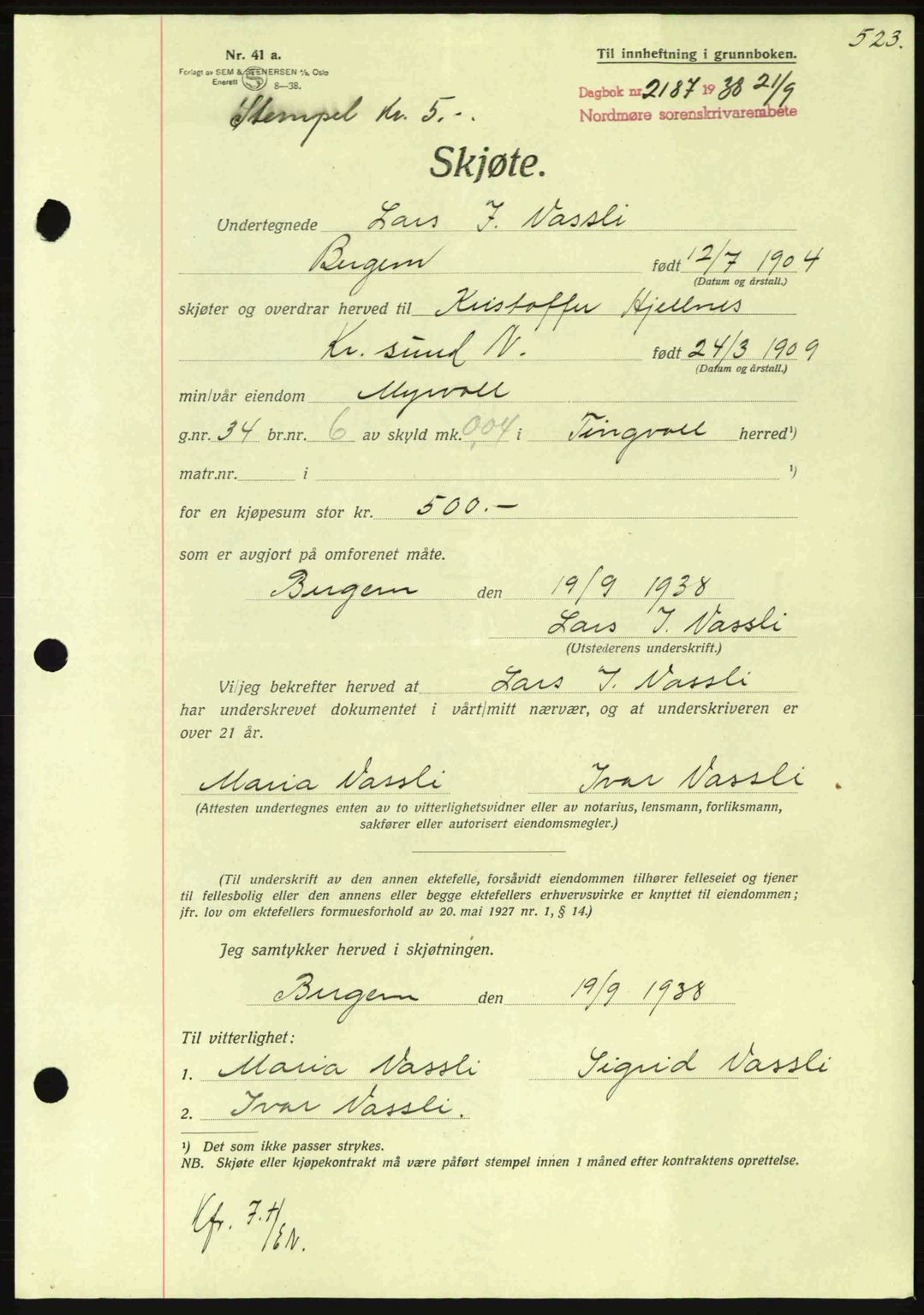 Nordmøre sorenskriveri, SAT/A-4132/1/2/2Ca: Pantebok nr. A84, 1938-1938, Dagboknr: 2187/1938