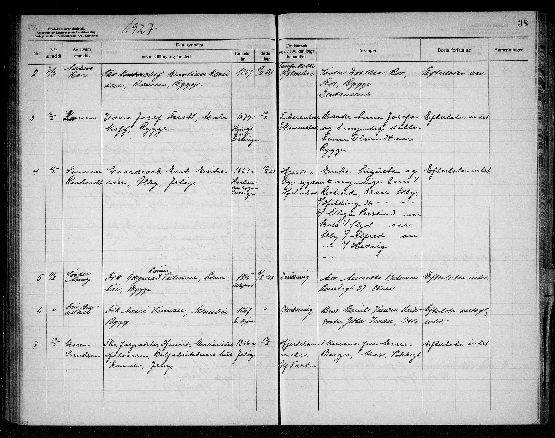 Rygge lensmannskontor, SAO/A-10005/H/Ha/Haa/L0008: Dødsfallsprotokoll, 1925-1929, s. 38