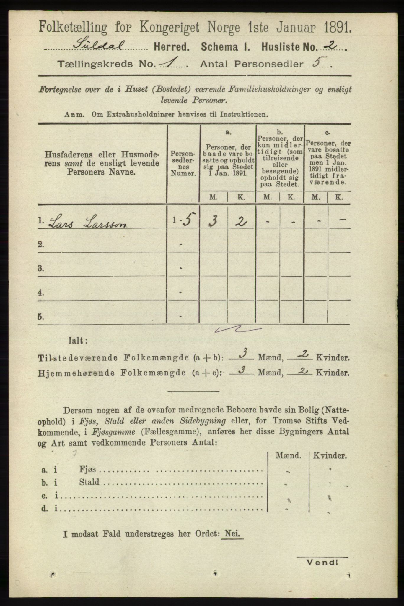 RA, Folketelling 1891 for 1134 Suldal herred, 1891, s. 26