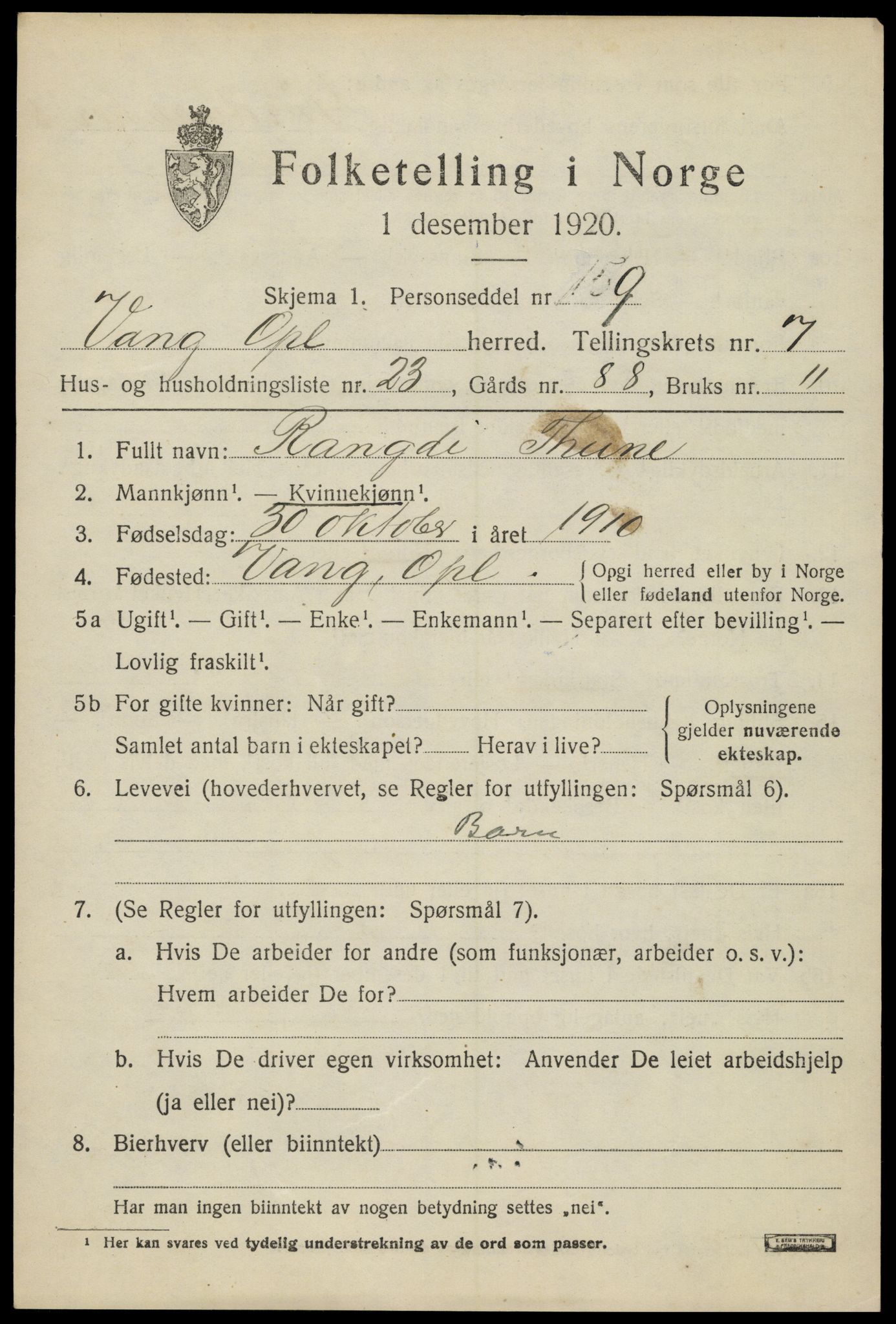 SAH, Folketelling 1920 for 0545 Vang herred, 1920, s. 3381