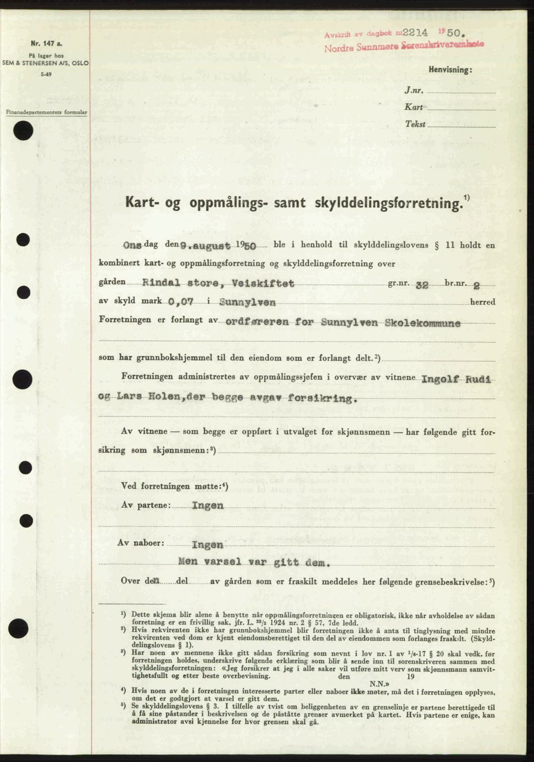 Nordre Sunnmøre sorenskriveri, SAT/A-0006/1/2/2C/2Ca: Pantebok nr. A36, 1950-1950, Dagboknr: 2214/1950