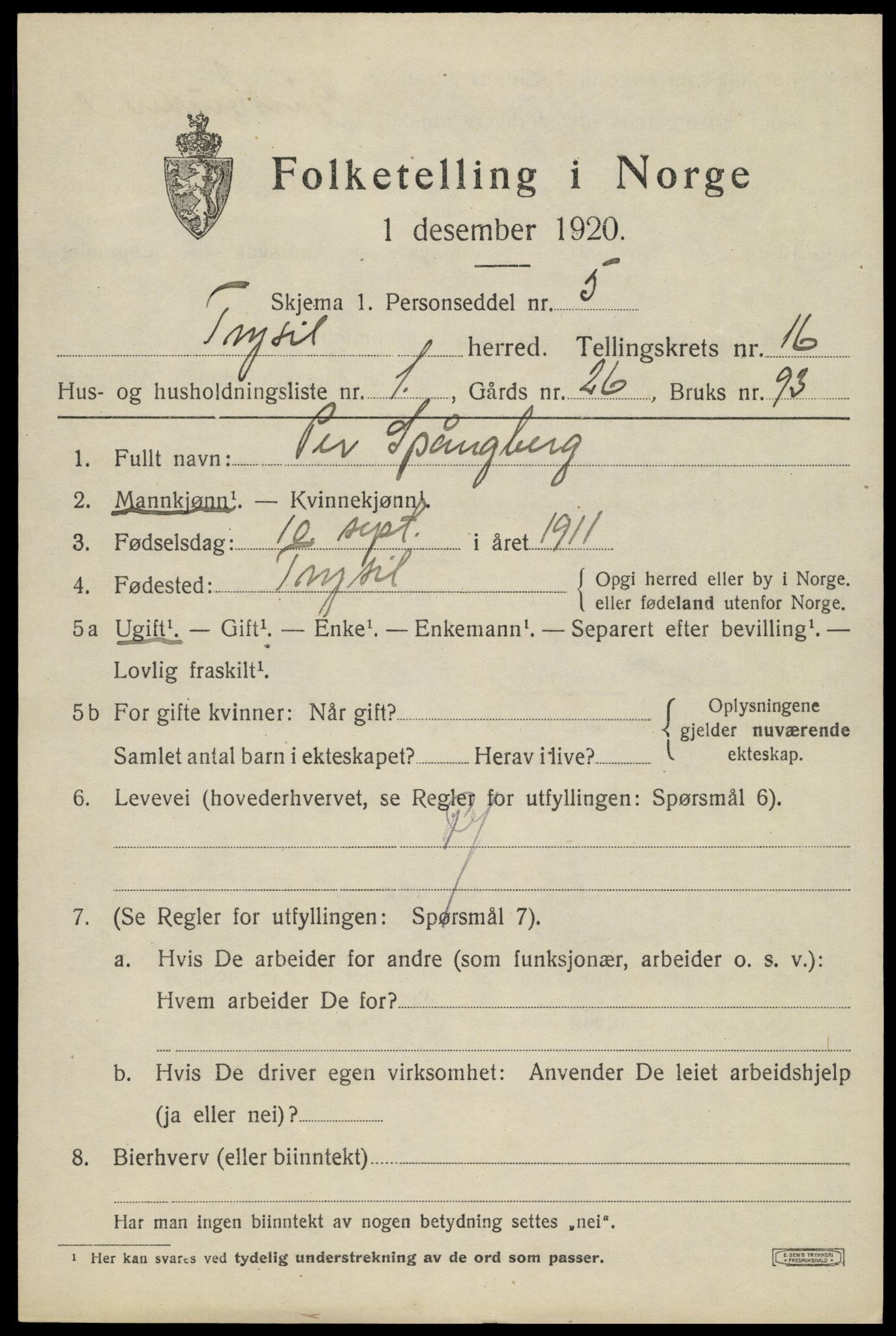 SAH, Folketelling 1920 for 0428 Trysil herred, 1920, s. 9429