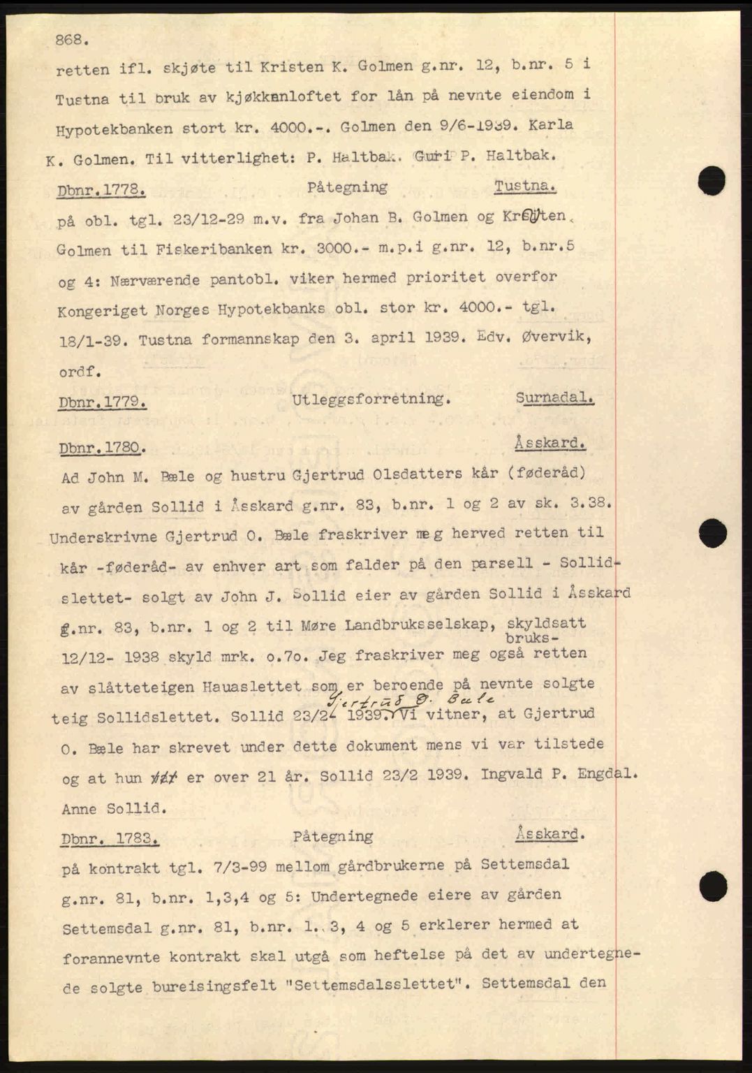 Nordmøre sorenskriveri, SAT/A-4132/1/2/2Ca: Pantebok nr. C80, 1936-1939, Dagboknr: 1778/1939
