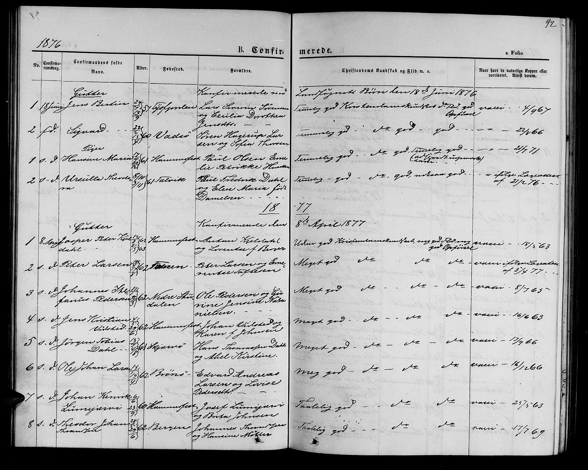 Hammerfest sokneprestkontor, AV/SATØ-S-1347/H/Hb/L0004.klokk: Klokkerbok nr. 4, 1869-1877, s. 92