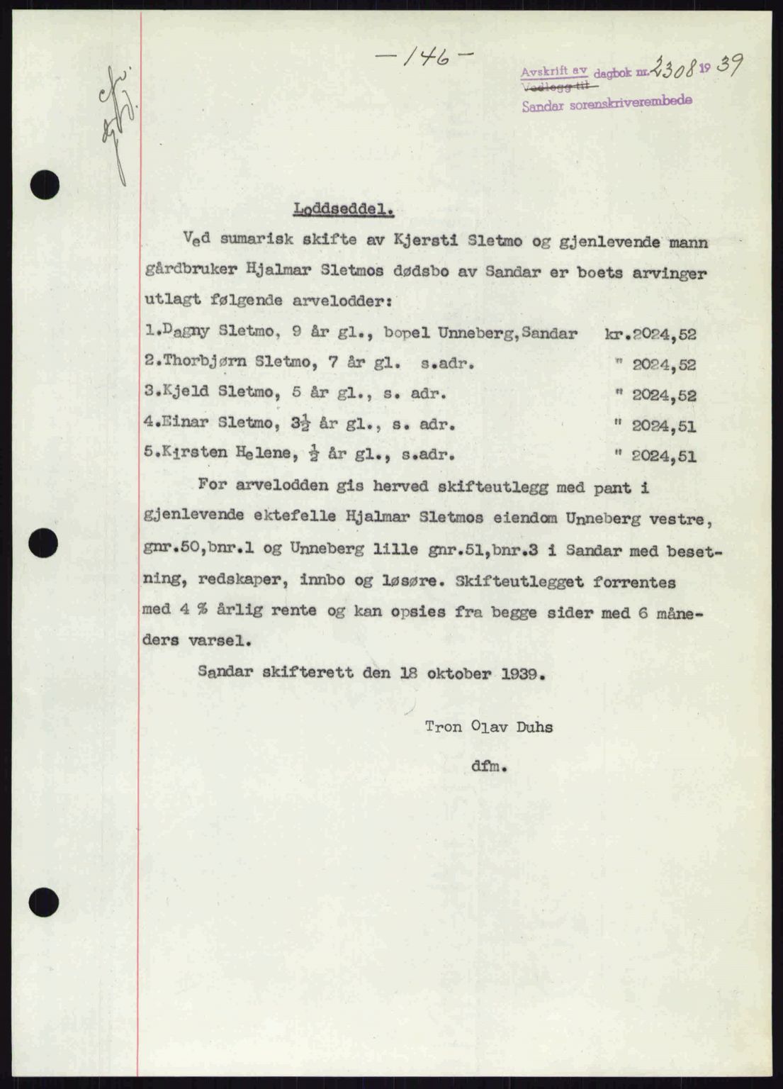 Sandar sorenskriveri, SAKO/A-86/G/Ga/Gab/L0001: Pantebok nr. B-1 og B-3 - B-9, 1936-1944, Dagboknr: 2308/1939