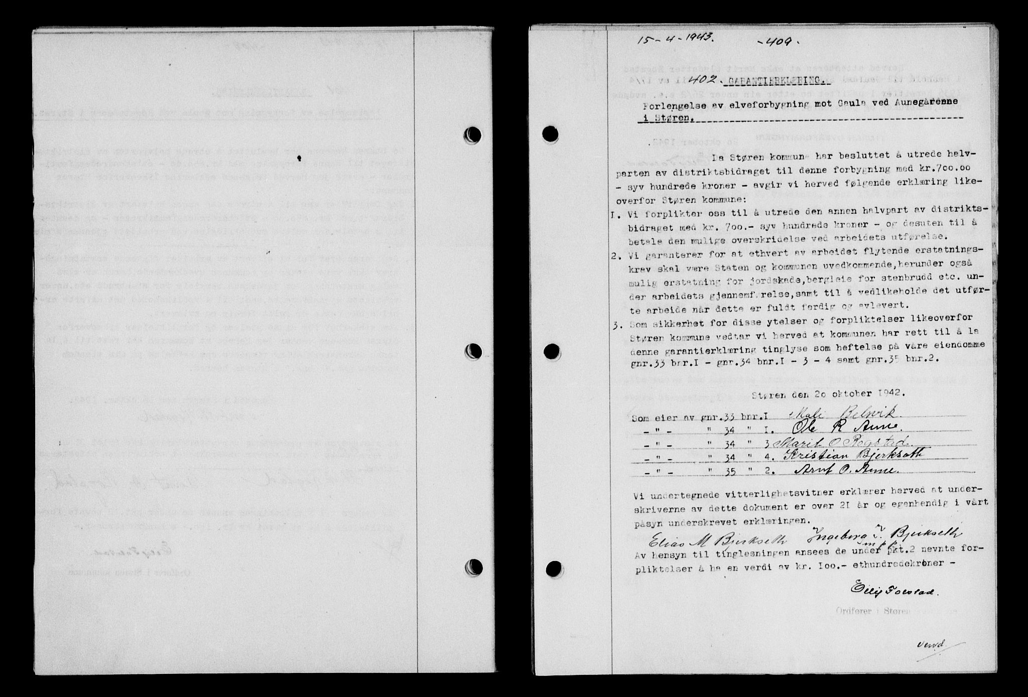 Gauldal sorenskriveri, SAT/A-0014/1/2/2C/L0056: Pantebok nr. 61, 1942-1943, Dagboknr: 402/1943