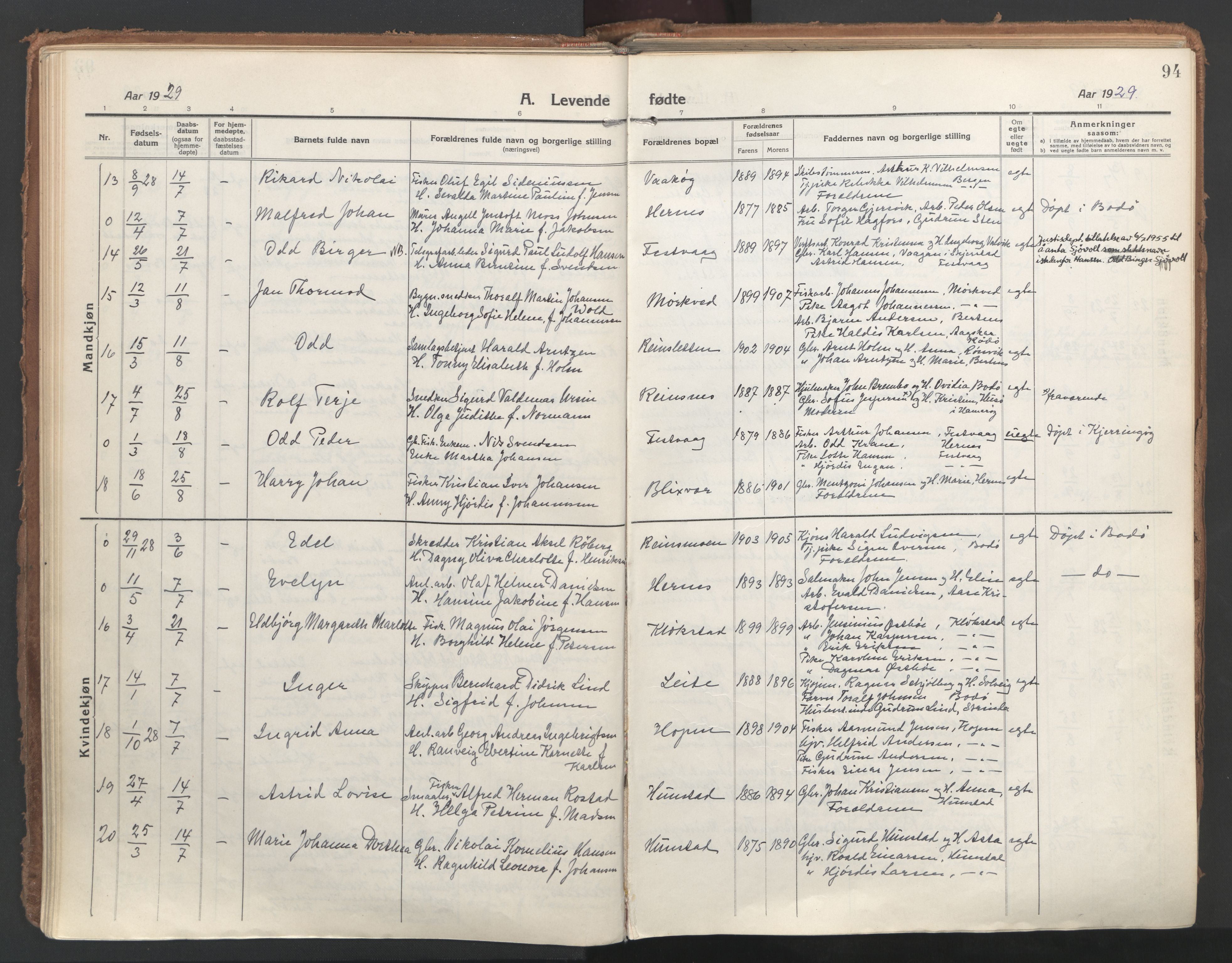 Ministerialprotokoller, klokkerbøker og fødselsregistre - Nordland, AV/SAT-A-1459/802/L0060: Ministerialbok nr. 802A07, 1916-1933, s. 94