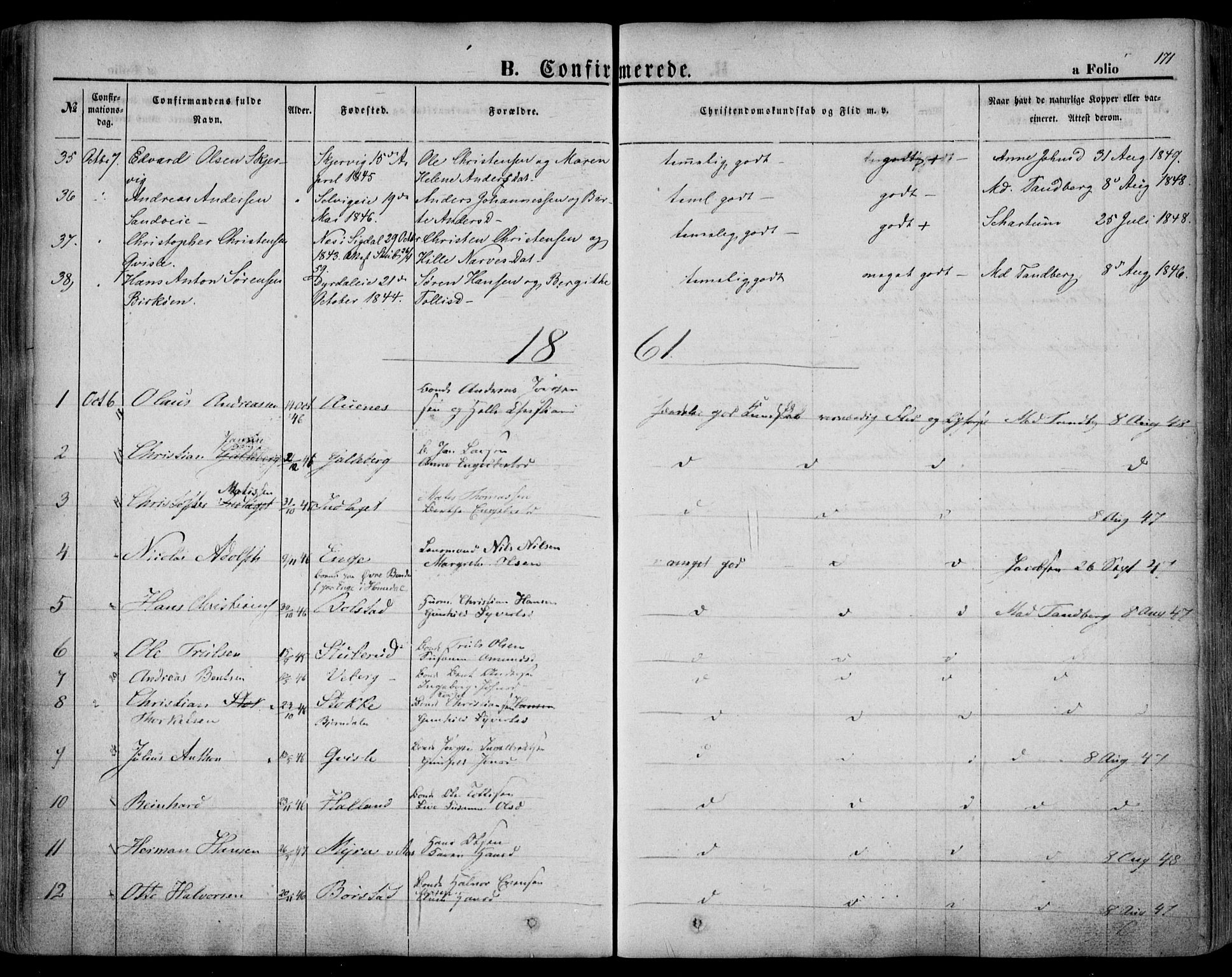 Sande Kirkebøker, AV/SAKO-A-53/F/Fa/L0004: Ministerialbok nr. 4, 1847-1864, s. 171