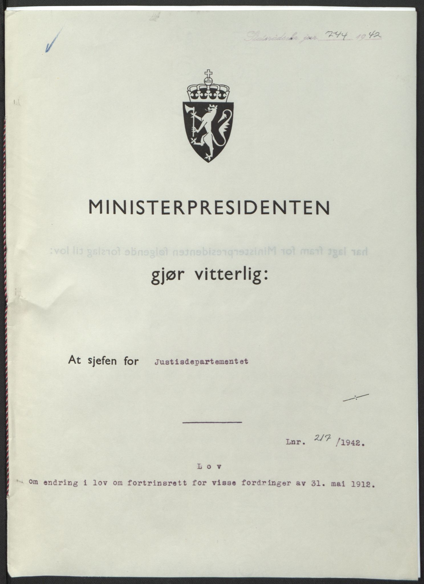 NS-administrasjonen 1940-1945 (Statsrådsekretariatet, de kommisariske statsråder mm), AV/RA-S-4279/D/Db/L0098: Lover II, 1942, s. 504