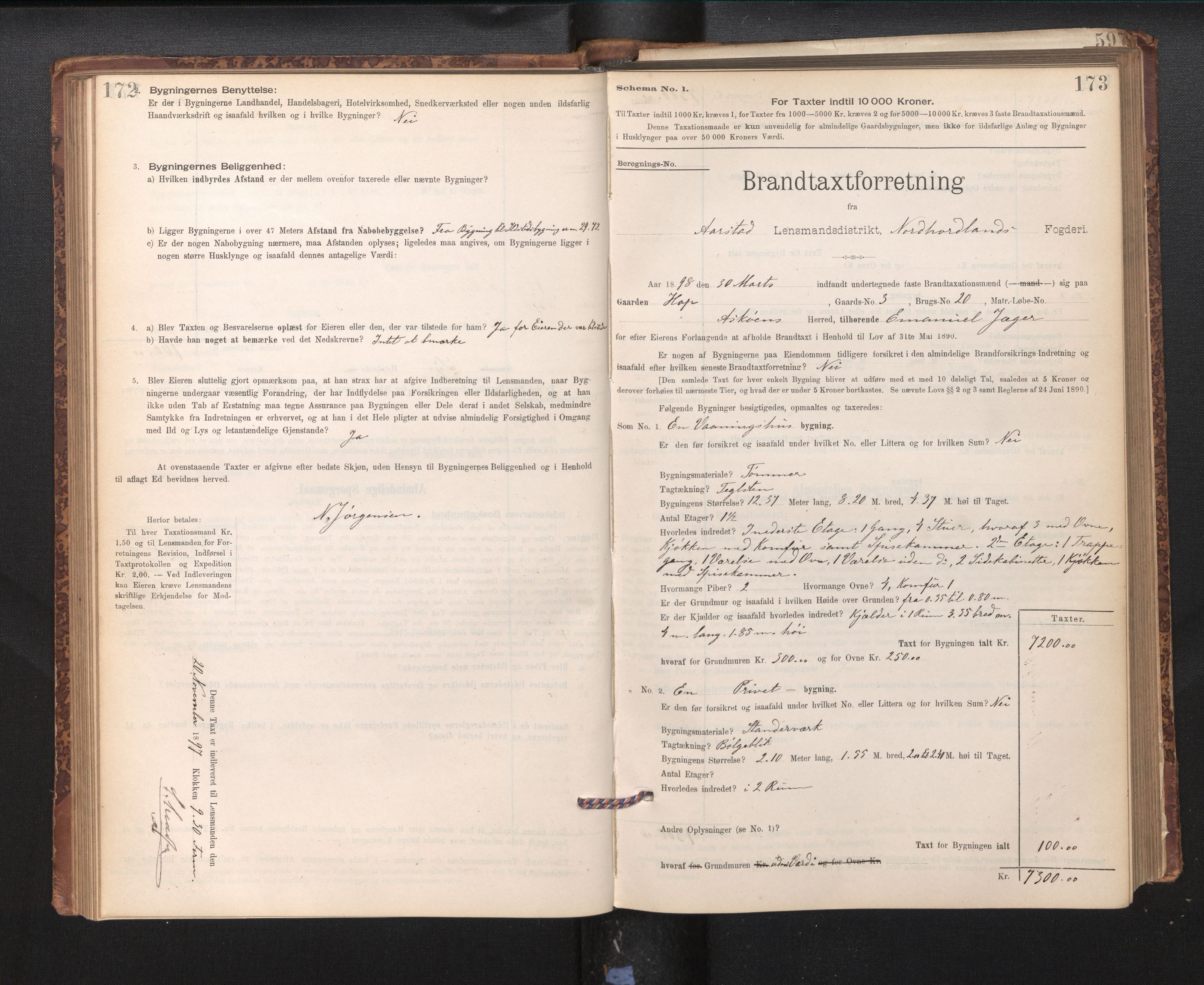 Lensmannen i Årstad, SAB/A-36201/0012/L0011: Branntakstprotokoll,skjematakst, 1895-1901, s. 172-173