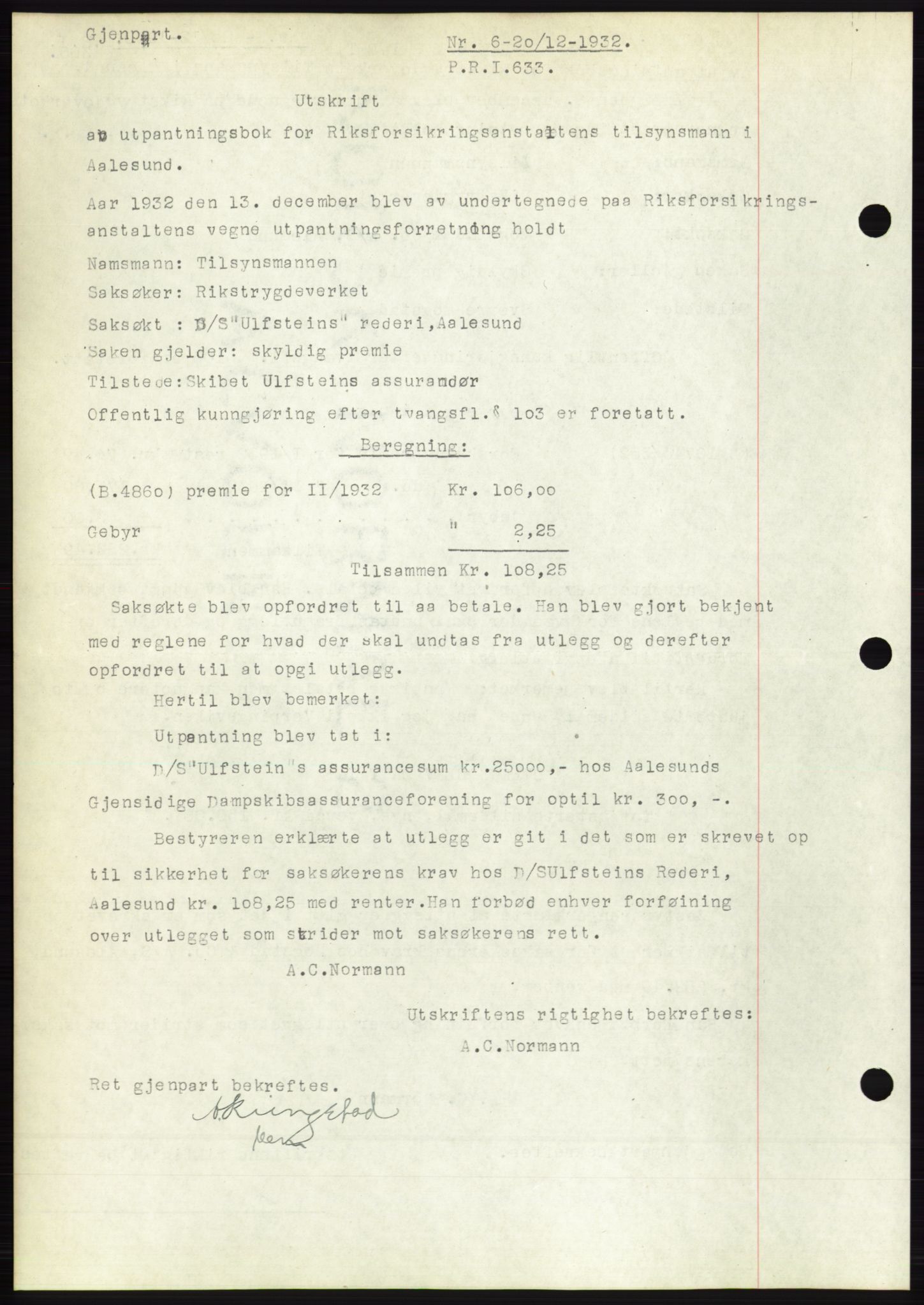 Ålesund byfogd, AV/SAT-A-4384: Pantebok nr. 30, 1932-1933, Tingl.dato: 20.12.1932