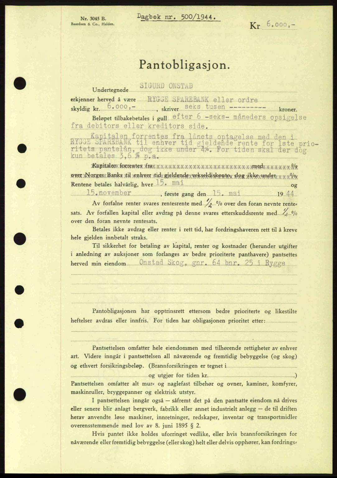 Moss sorenskriveri, SAO/A-10168: Pantebok nr. B13, 1943-1945, Dagboknr: 500/1944