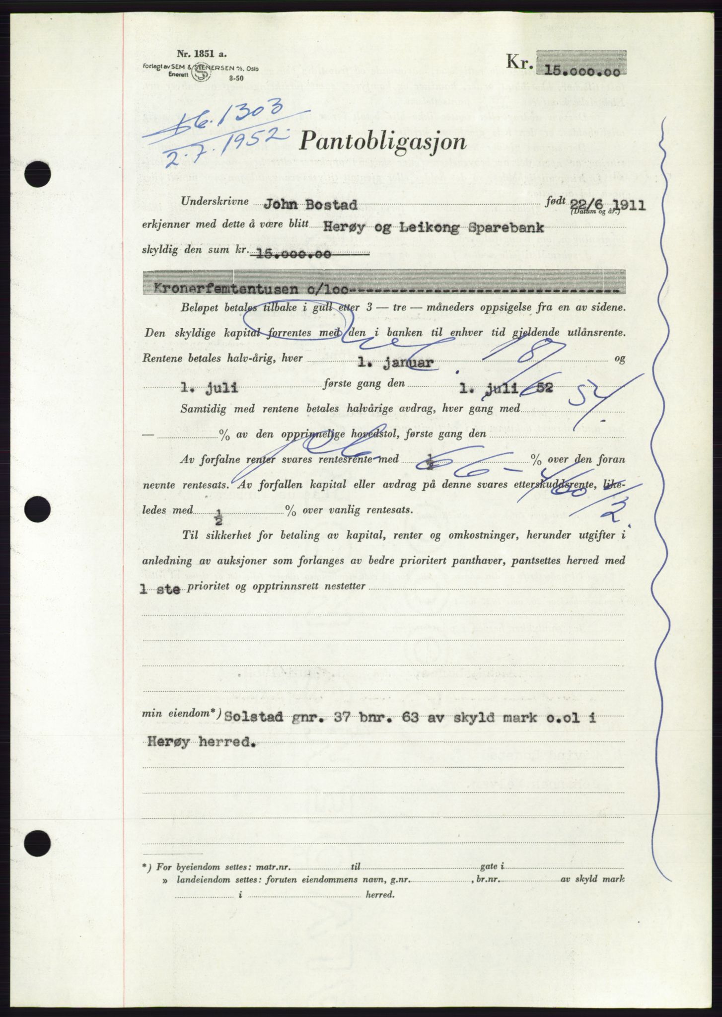 Søre Sunnmøre sorenskriveri, AV/SAT-A-4122/1/2/2C/L0121: Pantebok nr. 9B, 1951-1952, Dagboknr: 1303/1952