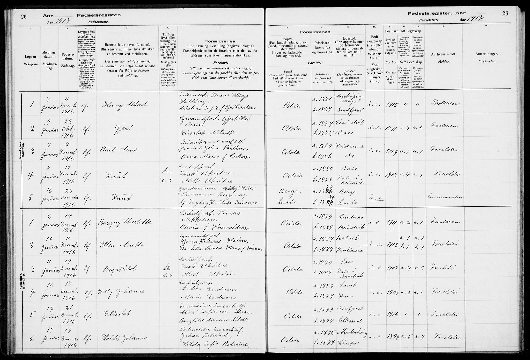 Odda Sokneprestembete, AV/SAB-A-77201/I/Id/L00A1: Fødselsregister nr. A 1, 1916-1925, s. 26