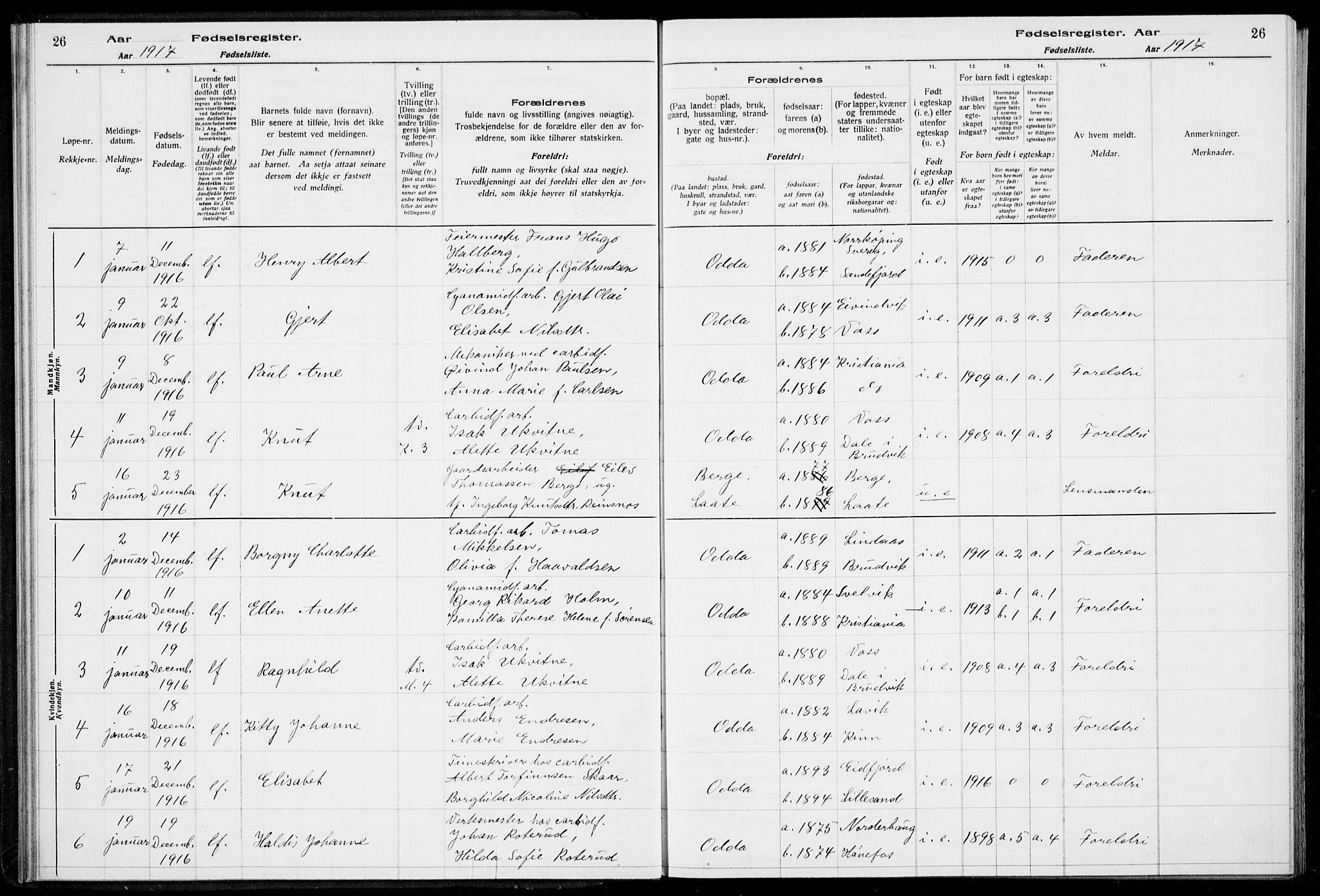 Odda Sokneprestembete, SAB/A-77201/I/Id/L00A1: Fødselsregister nr. A 1, 1916-1925, s. 26