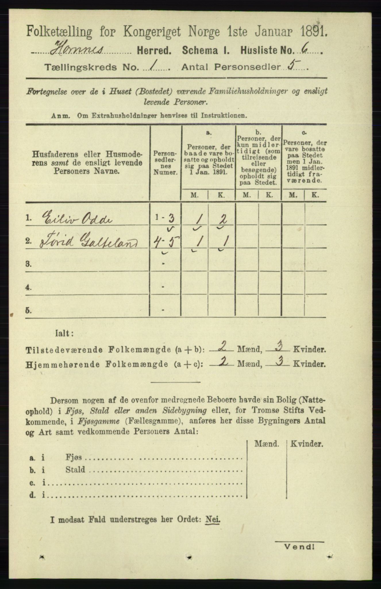 RA, Folketelling 1891 for 0936 Hornnes herred, 1891, s. 21