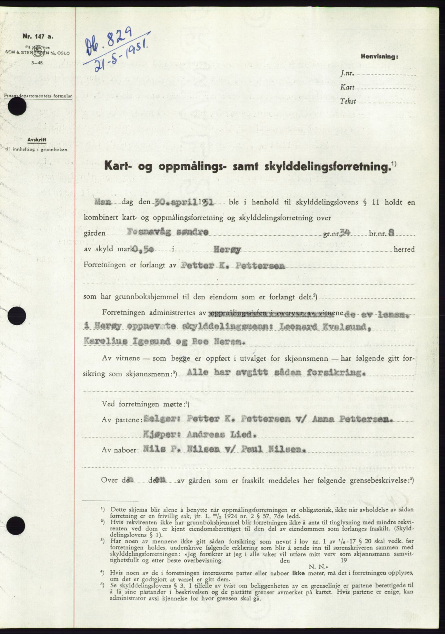 Søre Sunnmøre sorenskriveri, SAT/A-4122/1/2/2C/L0089: Pantebok nr. 15A, 1951-1951, Dagboknr: 829/1951
