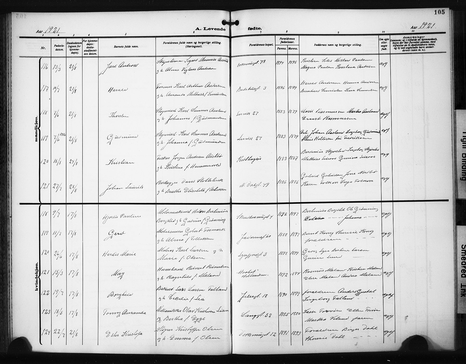 St. Johannes sokneprestkontor, AV/SAST-A-101814/001/30/30BB/L0008: Klokkerbok nr. B 8, 1918-1929, s. 105