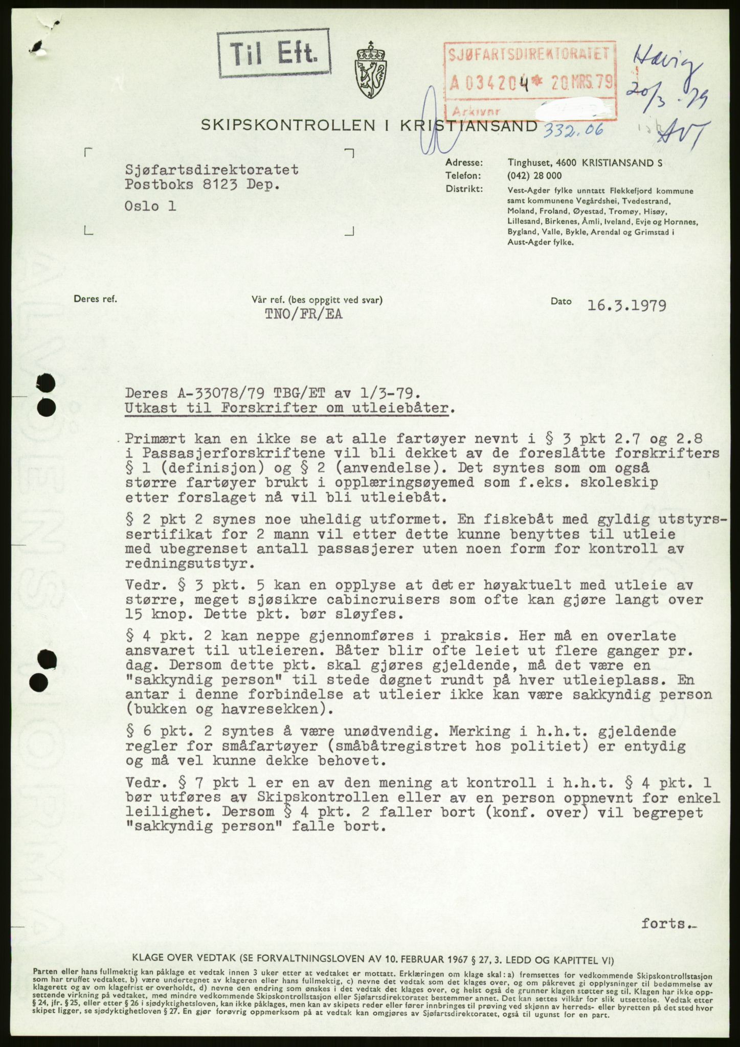 Sjøfartsdirektoratet med forløpere, generelt arkiv, AV/RA-S-1407/D/Du/Duc/L0642/0001: Skipskontrollen - Forskrifter / Forskrift om utleiebåter (2 mapper), 1978-1987, s. 335