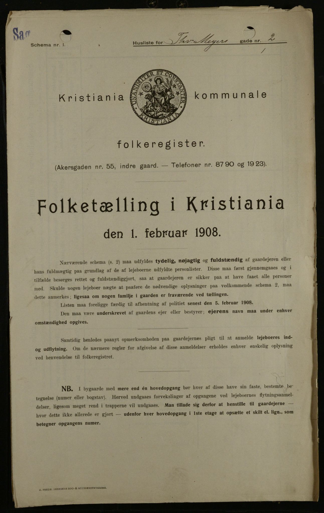 OBA, Kommunal folketelling 1.2.1908 for Kristiania kjøpstad, 1908, s. 98462