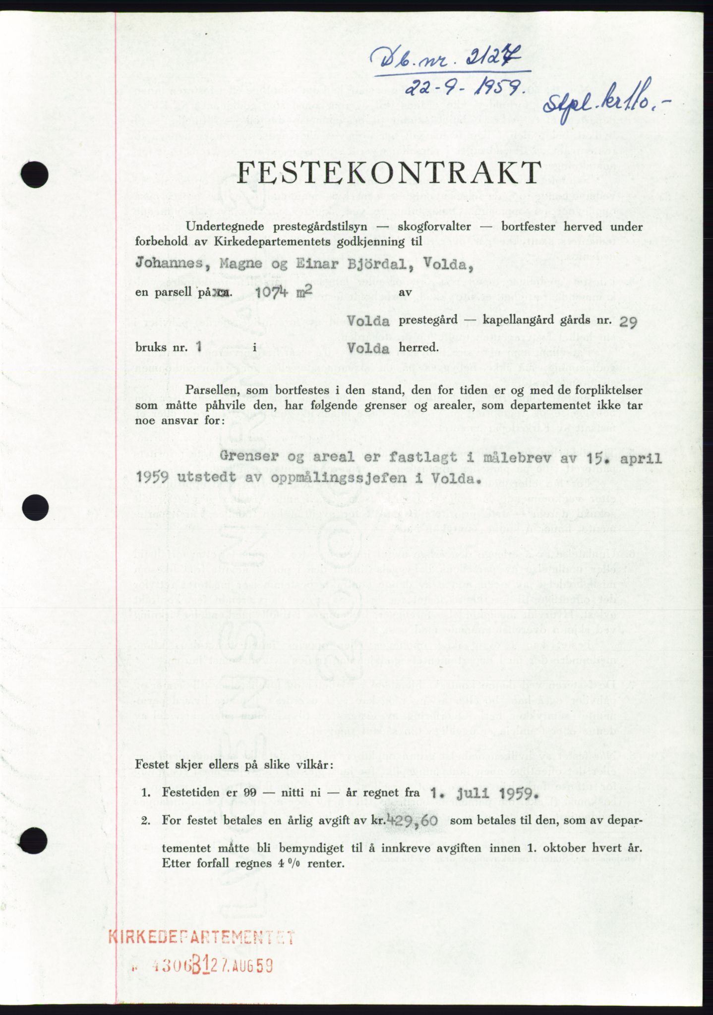 Søre Sunnmøre sorenskriveri, SAT/A-4122/1/2/2C/L0113: Pantebok nr. 39A, 1959-1959, Dagboknr: 2127/1959