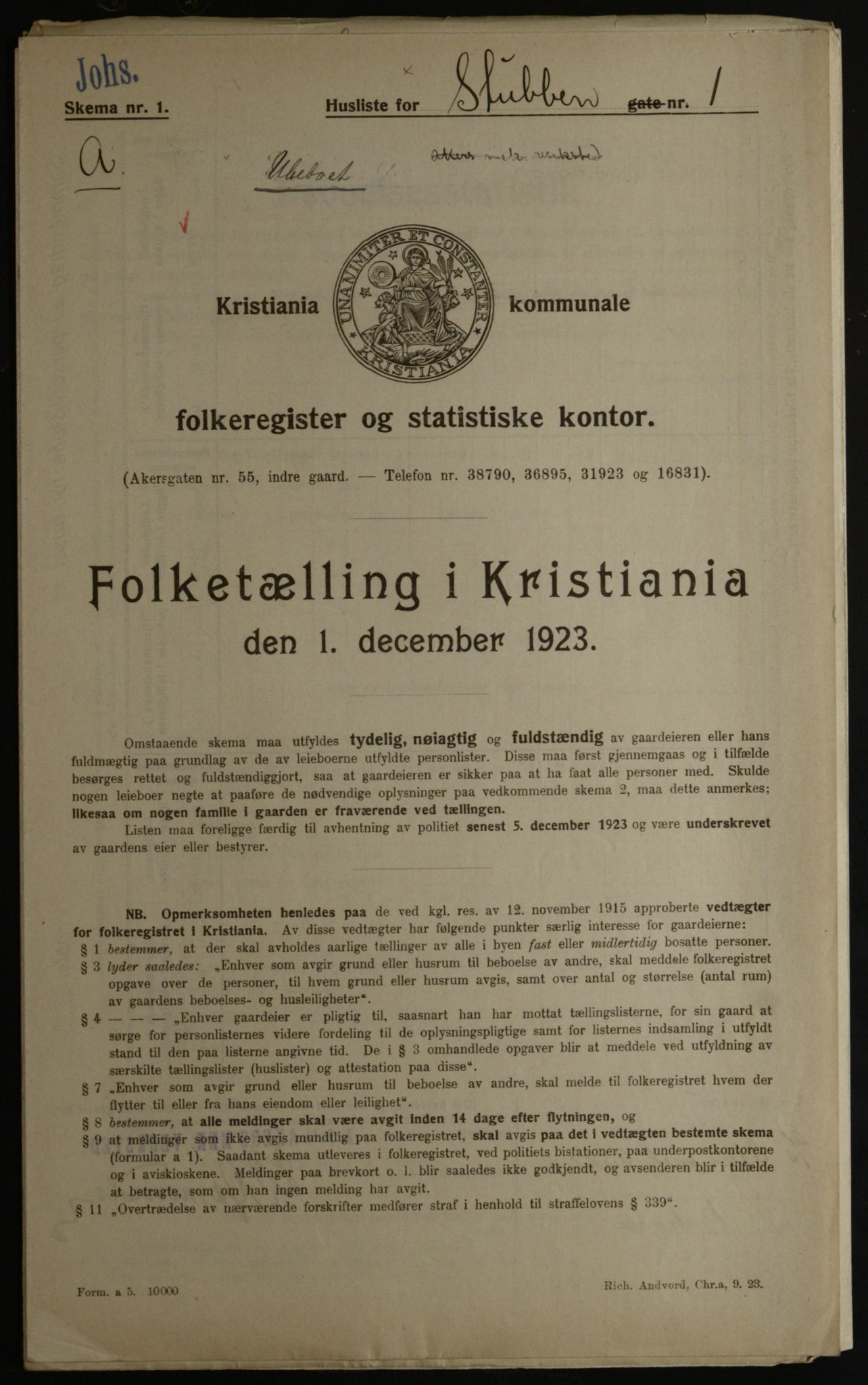 OBA, Kommunal folketelling 1.12.1923 for Kristiania, 1923, s. 115596