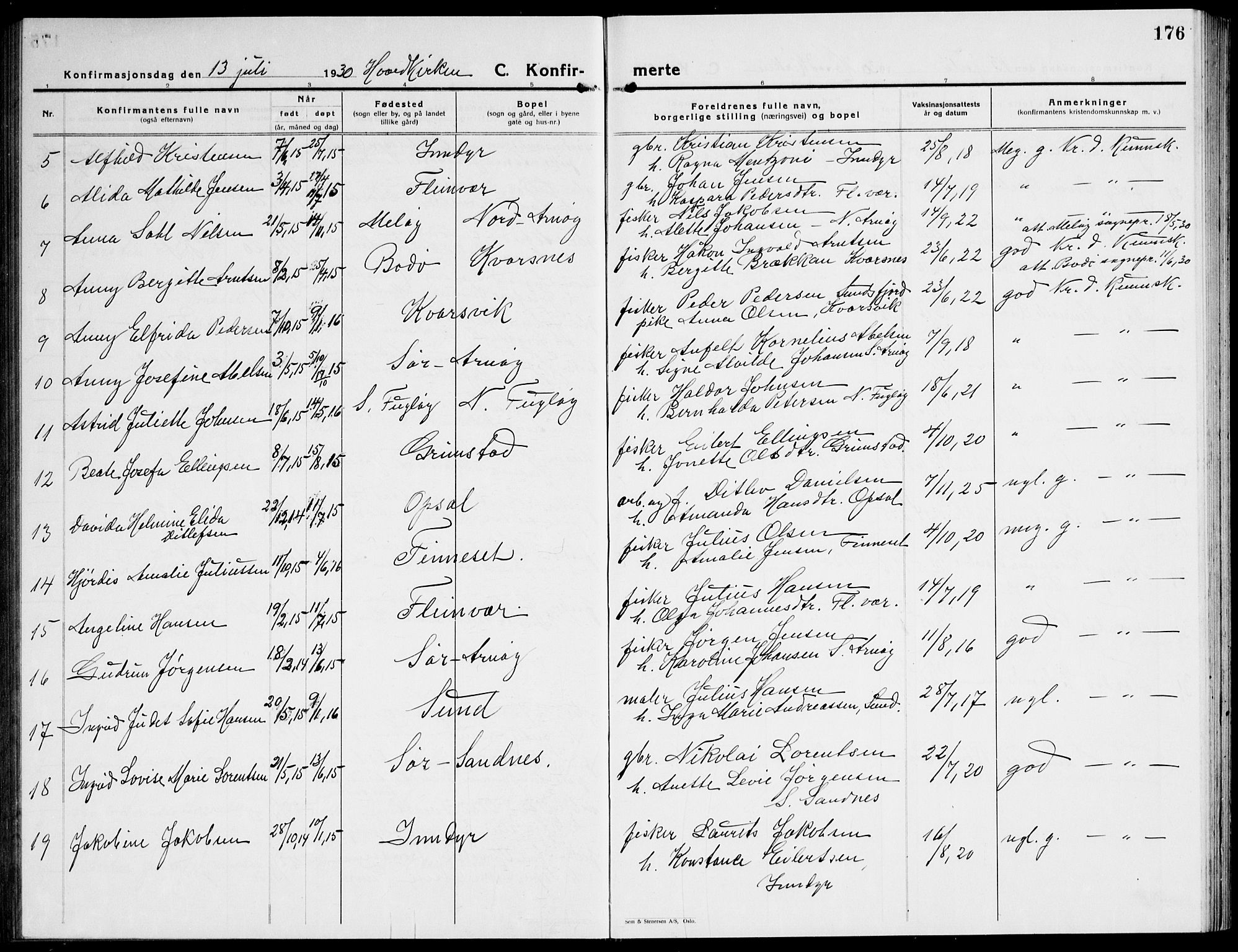 Ministerialprotokoller, klokkerbøker og fødselsregistre - Nordland, AV/SAT-A-1459/805/L0111: Klokkerbok nr. 805C07, 1925-1943, s. 176
