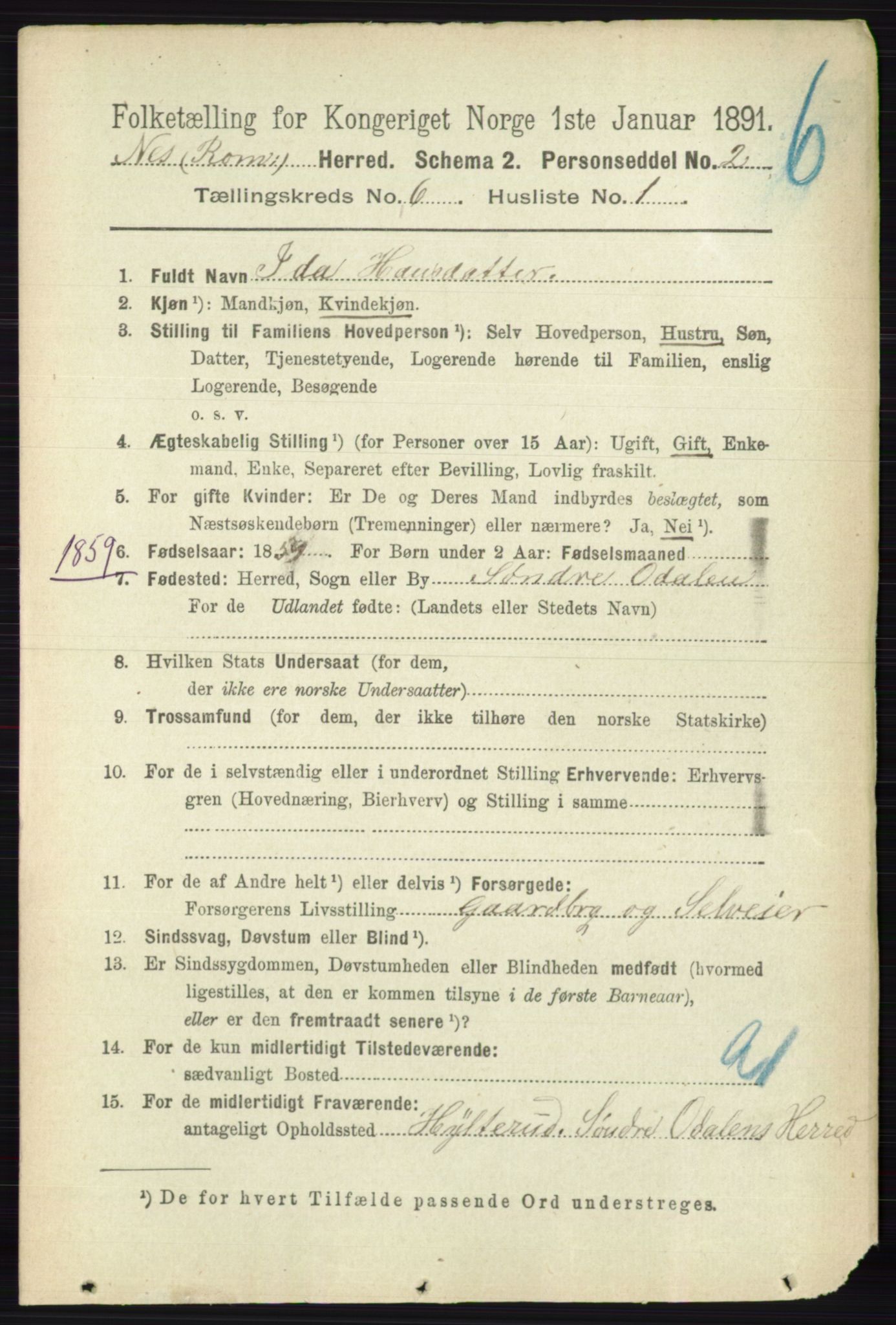 RA, Folketelling 1891 for 0236 Nes herred, 1891, s. 3395