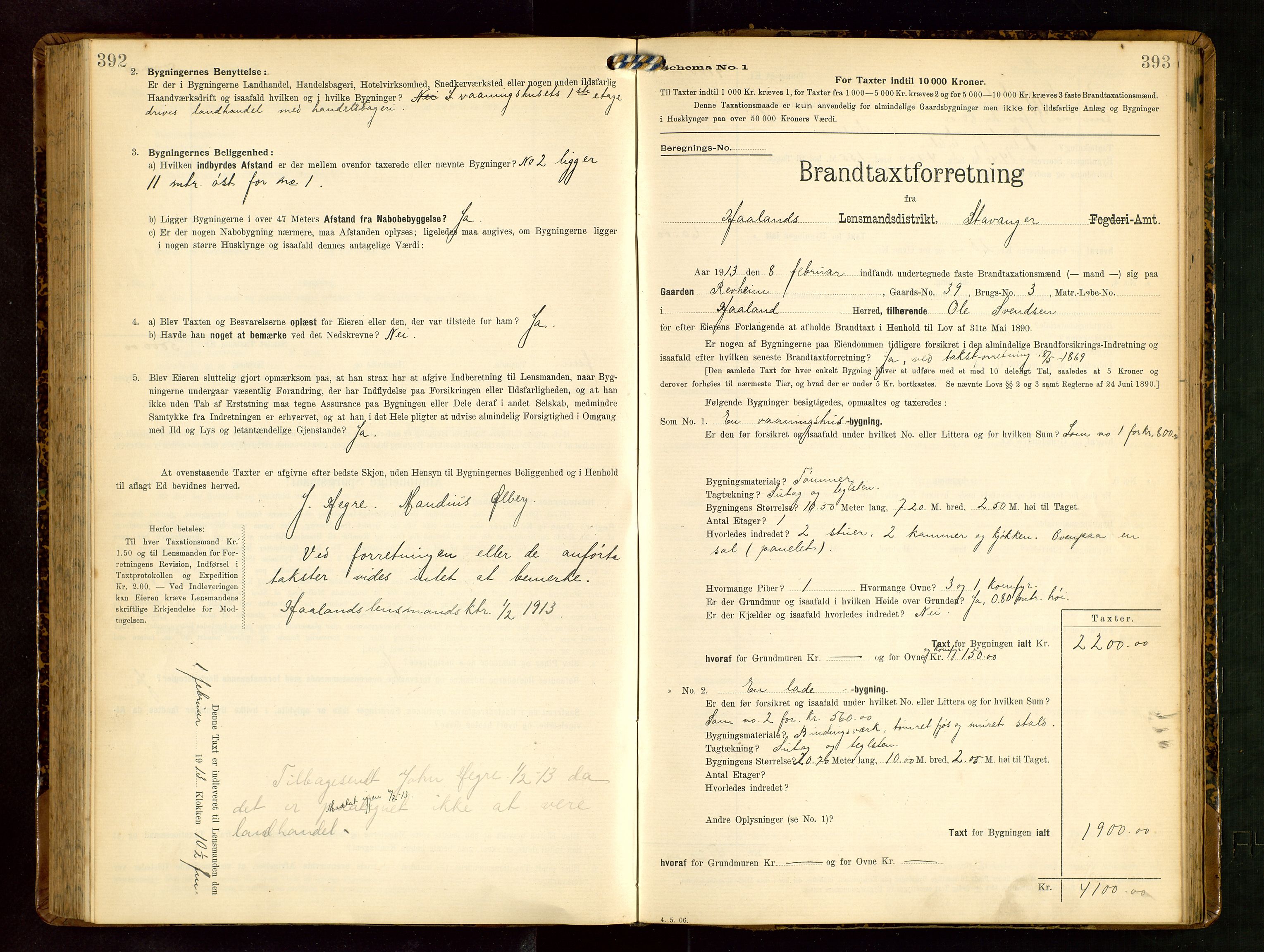 Håland lensmannskontor, SAST/A-100100/Gob/L0003: Branntakstprotokoll - skjematakst. Register i boken., 1909-1910, s. 392-393