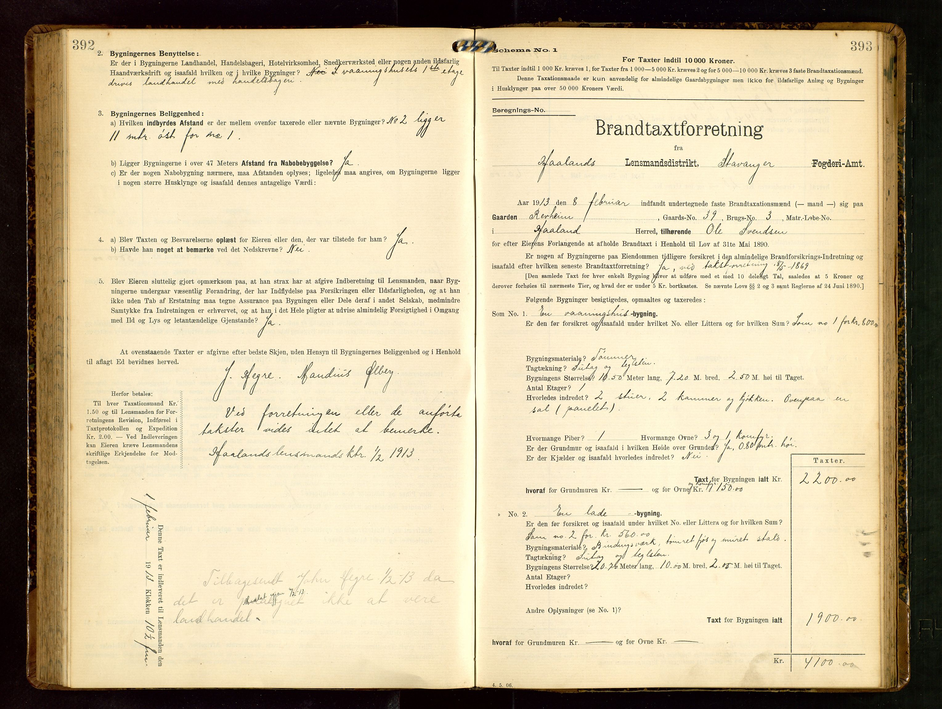 Håland lensmannskontor, AV/SAST-A-100100/Gob/L0003: Branntakstprotokoll - skjematakst. Register i boken., 1909-1910, s. 392-393