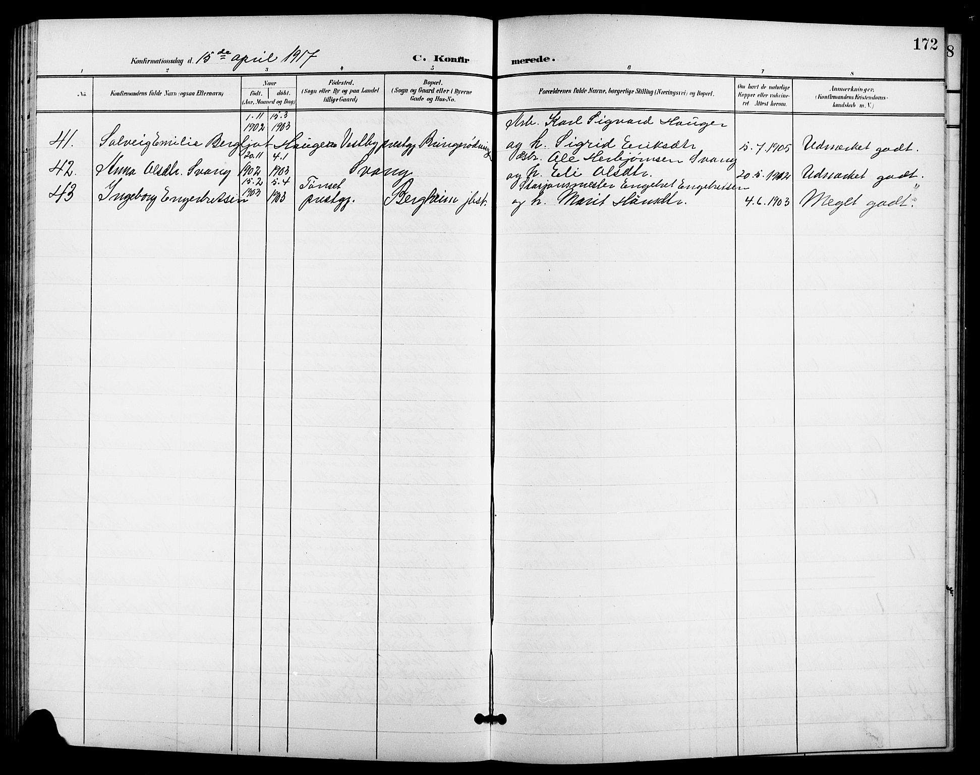 Nes kirkebøker, AV/SAKO-A-236/G/Ga/L0004: Klokkerbok nr. I 4, 1900-1925, s. 172